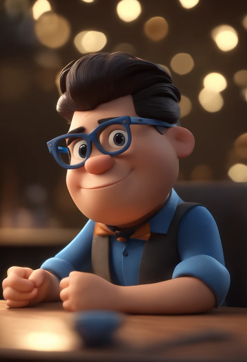 Cartoon character of a man wearing black glasses and a blue shirt, um personagem animado, Caractere estilizado, animation style rendering, 3D estilizado, Arnold Maya render, 3 d render stylized, toon render keyshot, Personagem 3D, Personagem 3D, 3d rendering stylized, 3 d character render, personagem de desenho animado, Personagem de close up, Pose de personagem, (Estilo Pixar) (master part:1.2) (Bokeh) (best quality) (pele detalhada) (textura detalhada) (8k) (argila) (Cinematic lighting) (foco nítido,Senta e vaza a parte superior do corpo