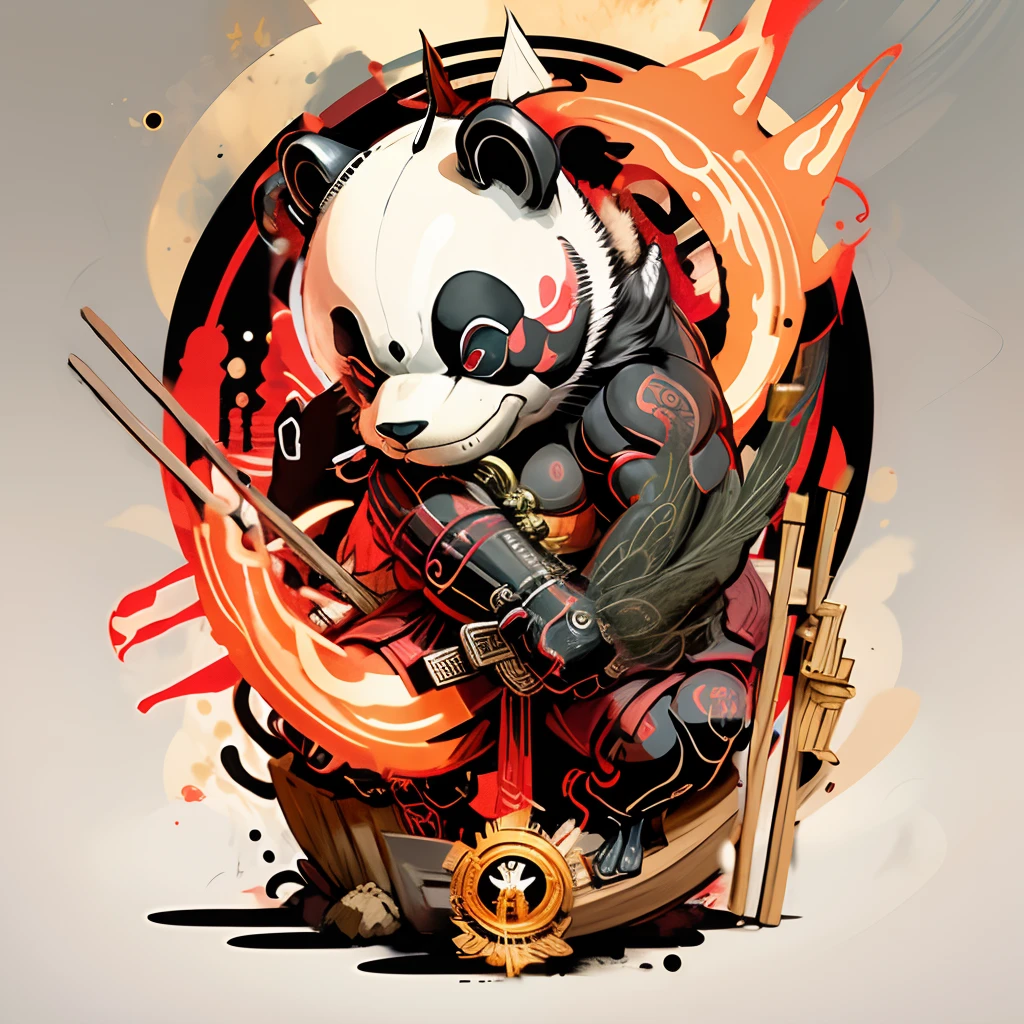 In the photo, a panda in a bamboo forest with red lights in its eyes holds two bamboo swords in its hands. There are details of bamboo slithering around and resembling a dragon. The characters are surrounded by decorative elements such as bamboo leaves, gold coins, and lightning bolts, completing the composition.In the photo, a panda in a bamboo forest with red lights in its eyes holds two bamboo swords in its hands. There are details of bamboo slithering around and resembling a dragon. The characters are surrounded by decorative elements such as bamboo leaves, gold coins, and lightning bolts, completing the composition.