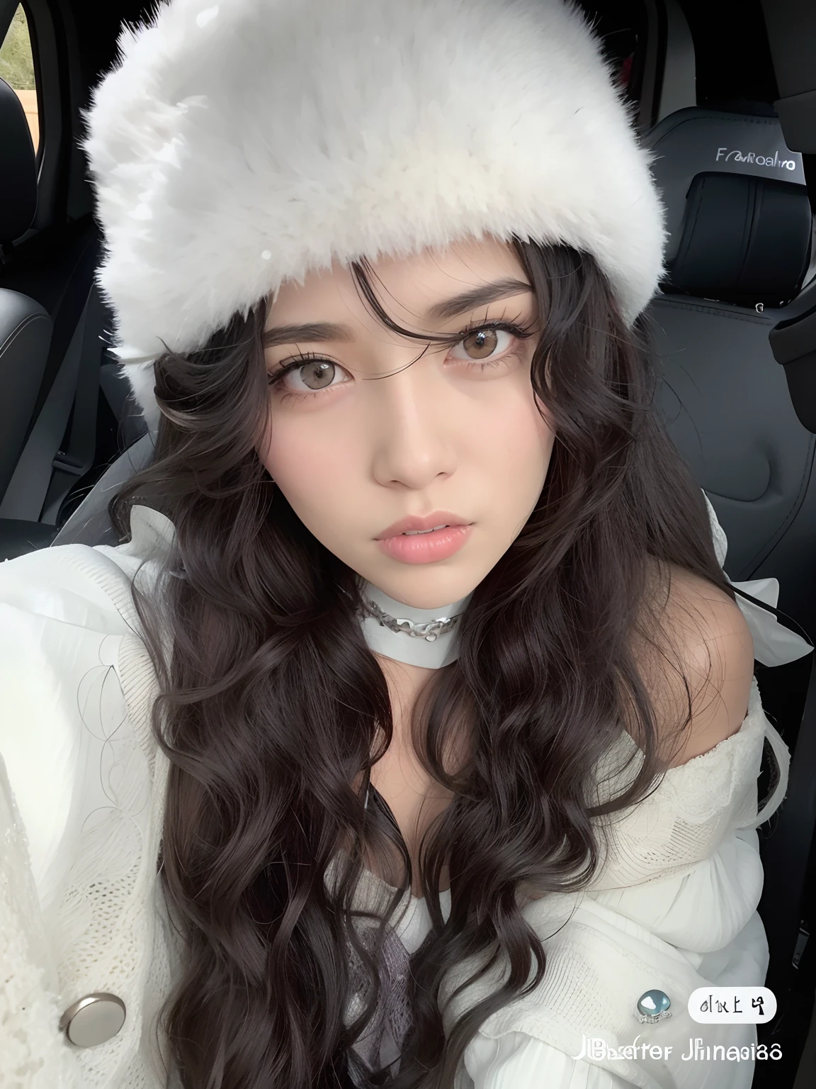 Araffe woman with long dark hair wearing a white hat, cabelos brancos cacheados, Ulzzang, com longos cabelos cacheados, franja encaracolado, Sakimichan, with hat, com cabelos longos brancos, wearing a cute hat, pale snow white skin, linda Delphine, wearing a chocker and cute hat, franja fofa, long messy curly hair