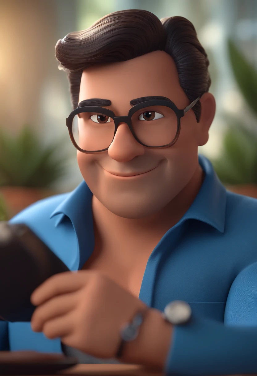 Cartoon character of a man with black glasses and a blue shirt, animation character, Caractere estilizado, animation style rendering, 3D estilizado, Arnold Maya render, 3 d render stylized, toon render keyshot, Personagem 3D, Personagem 3D, 3d rendering stylized, 3 d character render, personagem de desenho animado, Personagem de close up, Pose de personagem,  (Estilo Pixar) (master part:1.2) (Bokeh) (best quality) (pele detalhada) (textura detalhada) (8k) (argila) (Cinematic lighting) (foco nítido