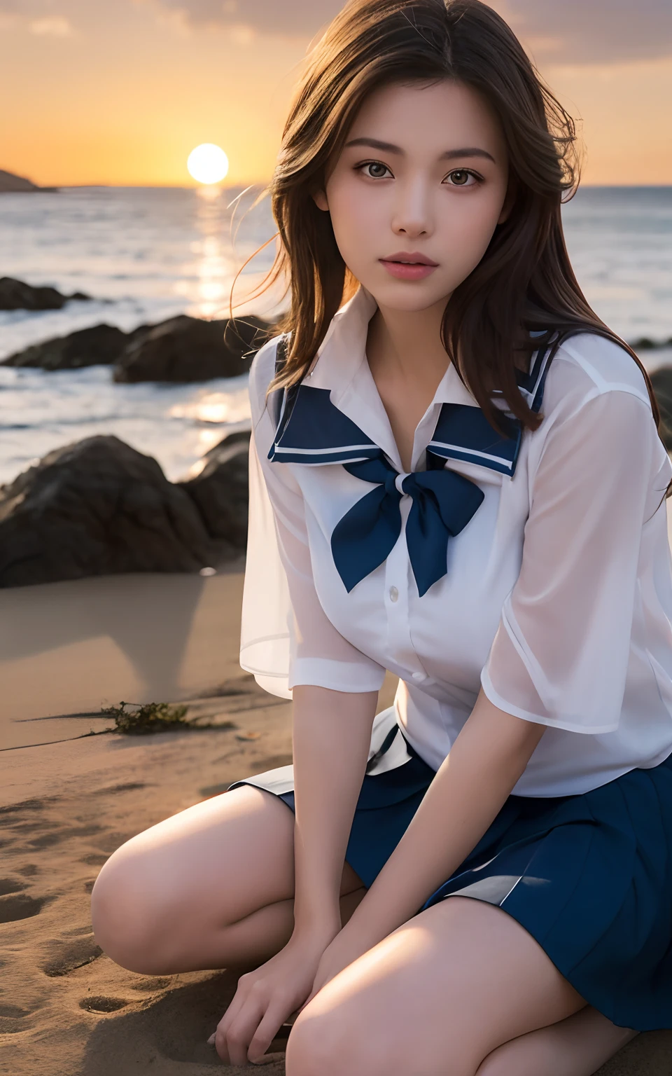 close up , ((From below)), of the highest quality, masutepiece, 16 K, Photorealistic, Concept art, Beautiful girl sitting on the beach , open legs, Beautiful face, Beautiful medium bob hair in light brown, beautiful light brown eyes, Plump breasts, look at viewr, blush, High School Uniform, White blouse, pleatedskirt, Black socks, Sunset Sea Shore, Orange sky, Beautiful clouds,