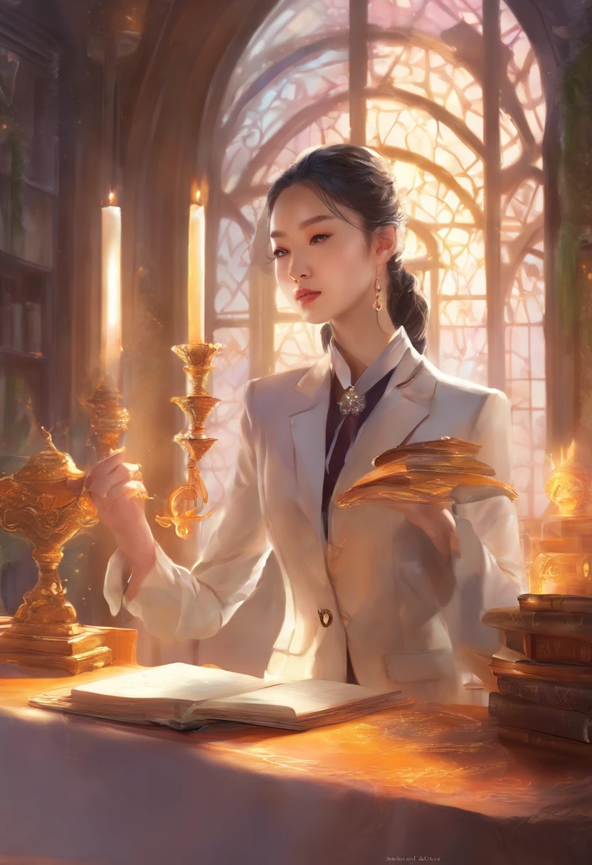 woman in a suit using a tablet computer in a room, working, sun yunjoo, still from a live action movie, park shin hye as a super villain, full device, using a magical tablet, iu lee ji-eun as a super villain, profile pose, [ realistic photo ]!!, shin min jeong, serious business, lazy, elegant look