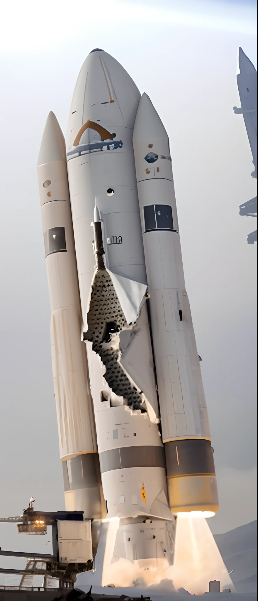 there is a large rocket that is flying over a space shuttle, detailed crash space ship, giant sentinel crashed on earth, spaceship being repaired, saturn v, abandoned rocketship, spaceship in space in ruins, abandoned rocket ship, small spacecraft in background, absolutely outstanding image, abandoned dirty tiny rocket ship, launch test, launching to space, rocket launch, detailed spacecraft, big damage in the rocket, rusty metal at the center of the rocket, realistic image, 16k resolution