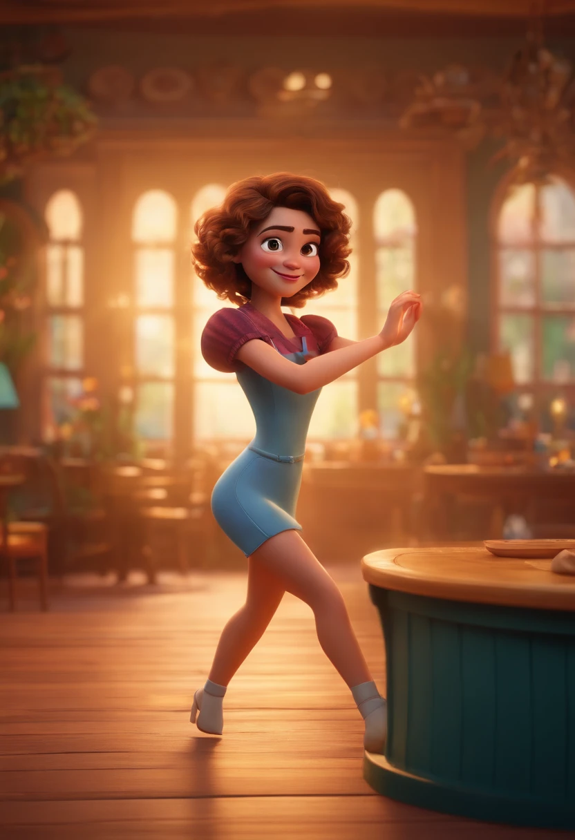 Pixar style image with 3D character white glasses brunette woman short curly hair dancing,bunda grande, Maquiagem Disney,Pescador, adolable, sorridente ,Close-up, Pixar, Disney, Cinema lighting,