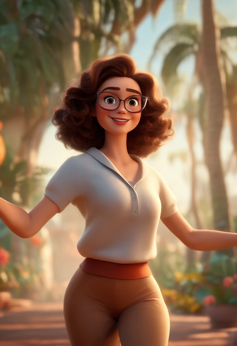 Pixar style image with 3D character white glasses brunette woman short curly hair dancing,bunda grande, Maquiagem Disney,Pescador, adolable, sorridente ,Close-up, Pixar, Disney, Cinema lighting,