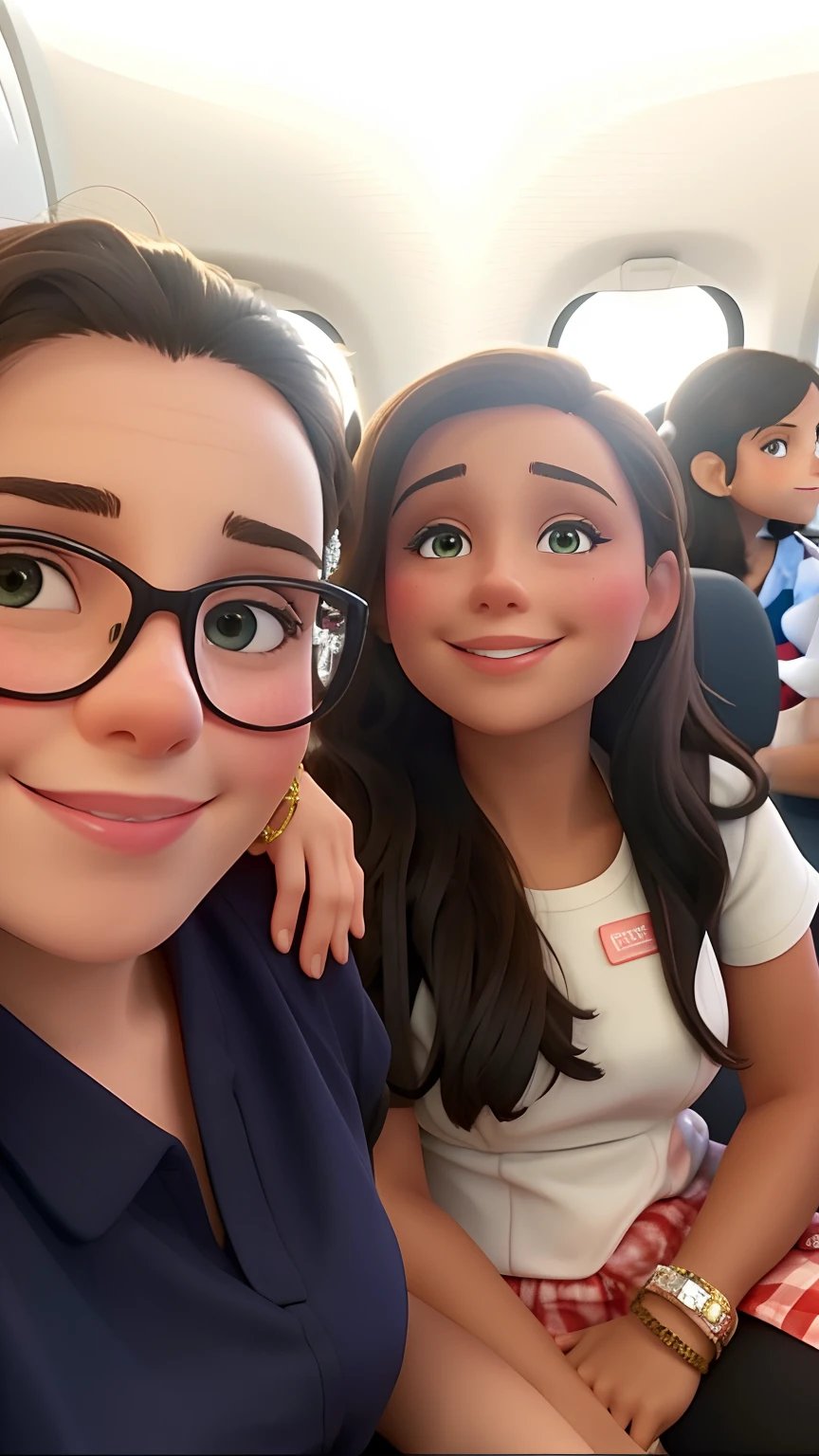 There are two brunette people who are posing for a picture together, Charli Bowater e Artgeem, both smiling for the camera, sitting inside an Emirates Air Lines plane