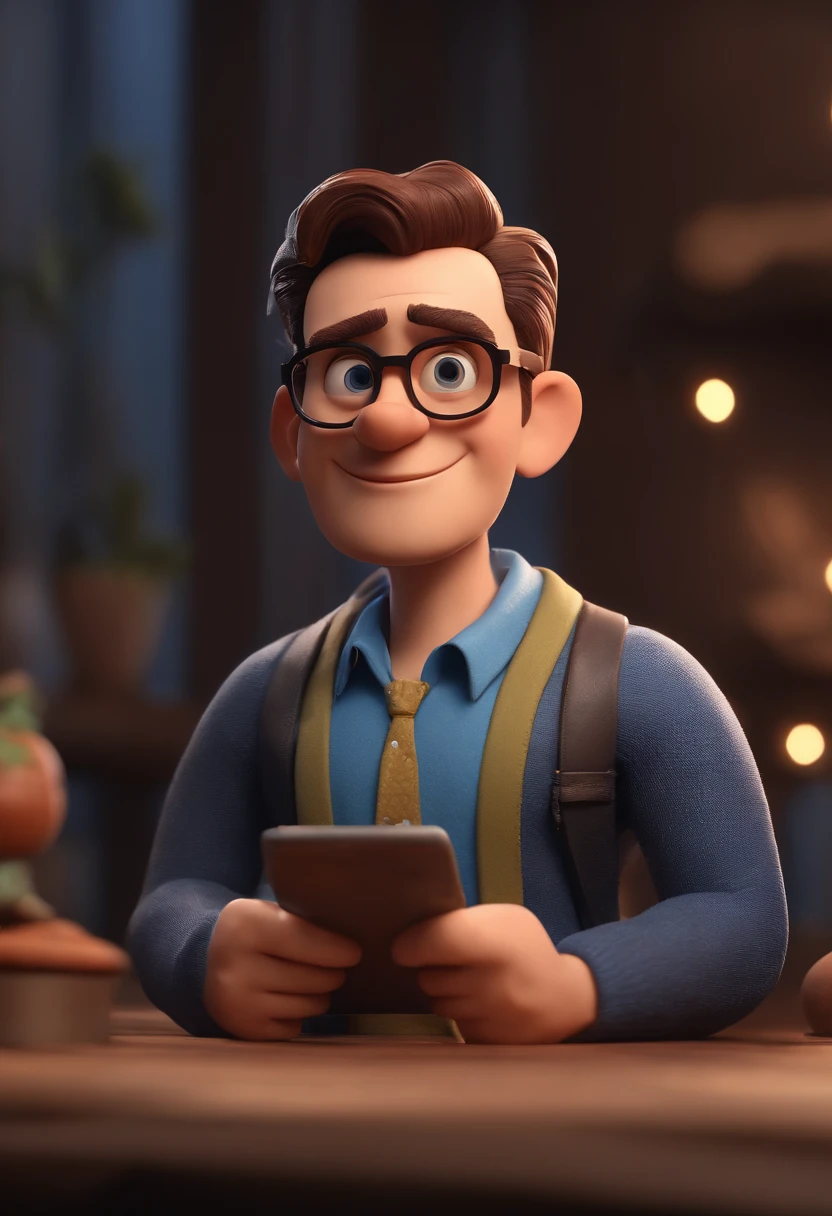 Cartoon character of a man with black glasses and a blue shirt, animation character, Caractere estilizado, animation style rendering, 3D estilizado, Arnold Maya render, 3 d render stylized, toon render keyshot, Personagem 3D, Personagem 3D, 3d rendering stylized, 3 d character render, personagem de desenho animado, Personagem de close up, Pose de personagem,  (Estilo Pixar) (master part:1.2) (Bokeh) (best quality) (pele detalhada) (textura detalhada) (8k) (argila) (Cinematic lighting) (foco nítido