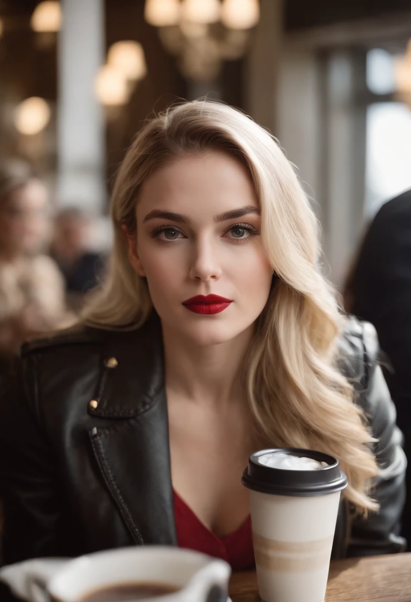 Moda dos anos 2010, medium close up, Canon EF 85mm f/1.2L II USM, (2 meninas), (mama grande) 2 blonde women are sitting with their coffee in a restaurant, wearing a black leather jacket and red lips, emphasis on facial expression, moda de rua.