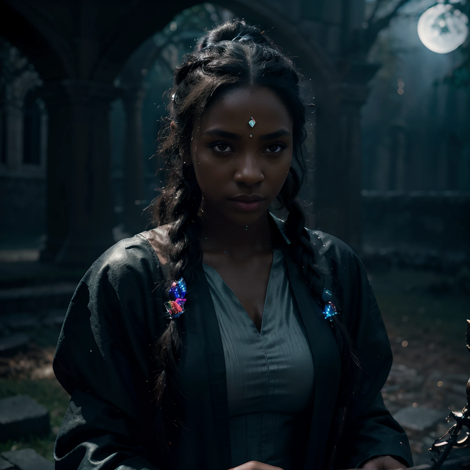 Black girl,ice-like eyes,mage,beautiful detailed eyes,long eyelashes,dark skin,braided hair,magic aura,robes,spellbook,enchanted staff,with glowing runes,sparkling crystals,smoke and mist,nighttime scenery,mysterious atmosphere,dark and vibrant colors,deep shadows,ethereal glow,high contrast lighting,neon lights,urban backdrop,fantasy-themed,glowing sigils,casting magical spells,stepping on ancient ruins,moonlit sky,otherworldly landscape,elaborate tattoos,container of potions,glimmering stars,floating islands,intricate jewelry,determined expression,confident posture,empowered,ready for battle,masterpiece:1.2,ultra-detailed,photorealistic,vivid colors,bokeh.