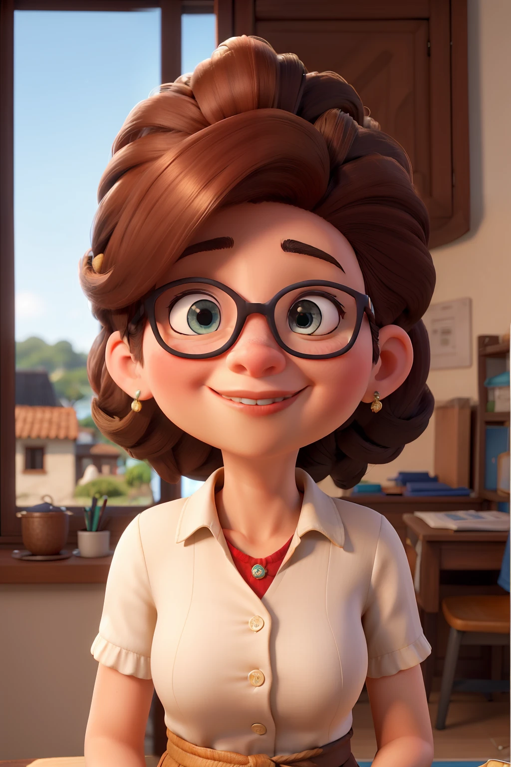 Obra-prima, de melhor qualidade, a woman wearing transparent rectangular glasses, com cabelos compridos ondulados e luzes loiras, sorriso grande e largo, with two German spitz type dogs, a white baby face on the left side and a cream with a mole on the forehead, a soft fox on the right side, na sala de casa