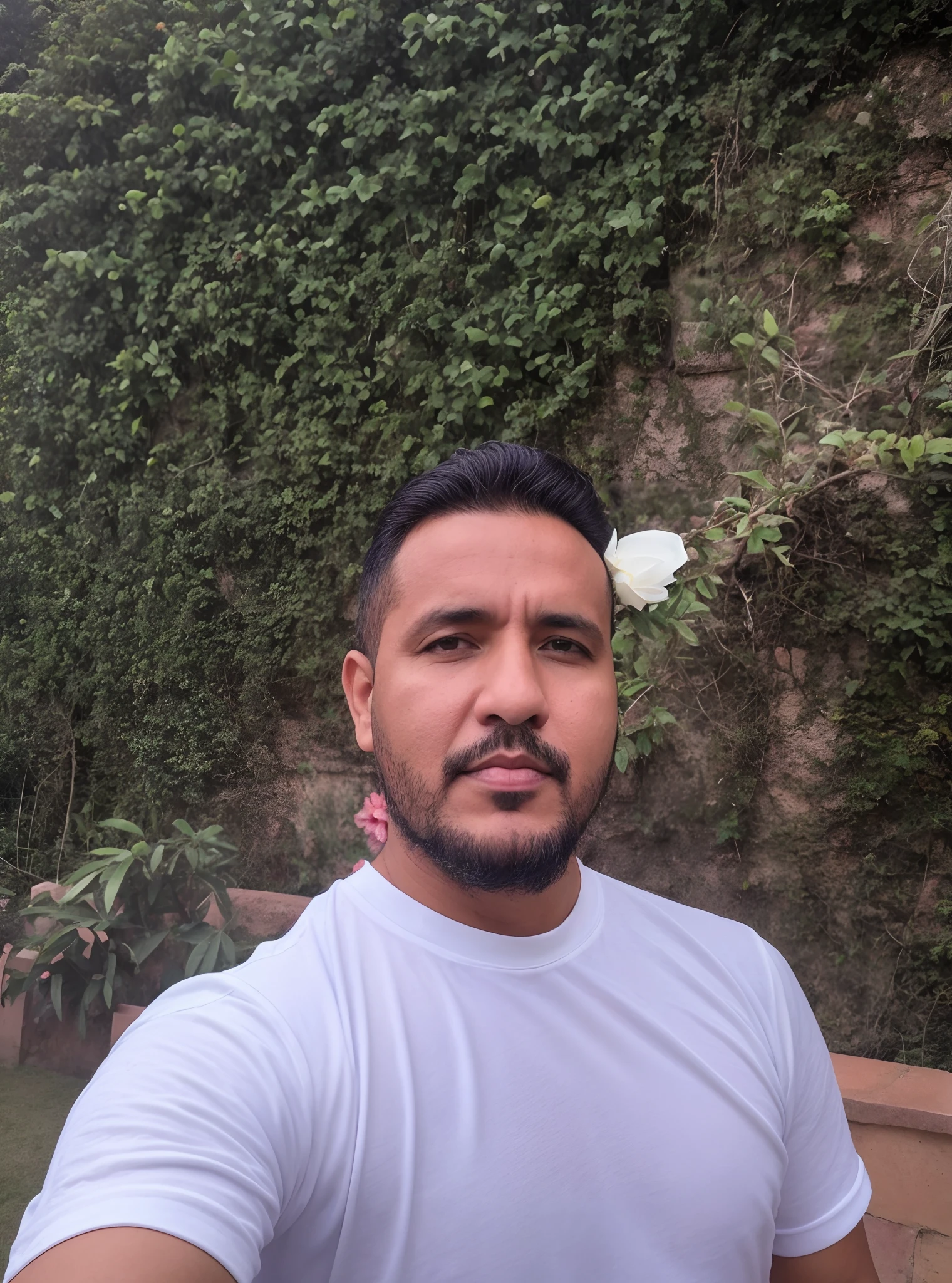 There's a man taking a selfie with a flower in the background, Fotografia selfie 8k, Jose Miguel Romano Francisca, andres rios, Eloy Morales, imagem de perfil, Homem de 4 0 anos, imagem de qualidade muito baixa, 2 9 anos, victor maristane, 2 8 anos, 2 7 anos, zigor samaniego, Foto realista