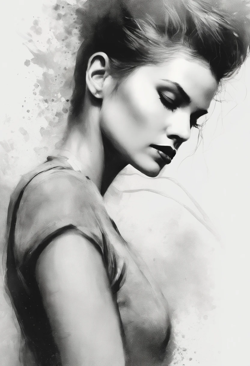 (Silhouette of a beautiful and elegant woman), majestic face, black and white pencil sketch, loose brush strokes, delicate lines, smooth movements, subtle ink tones, elegant gesture, calm expression, exquisite facial features.