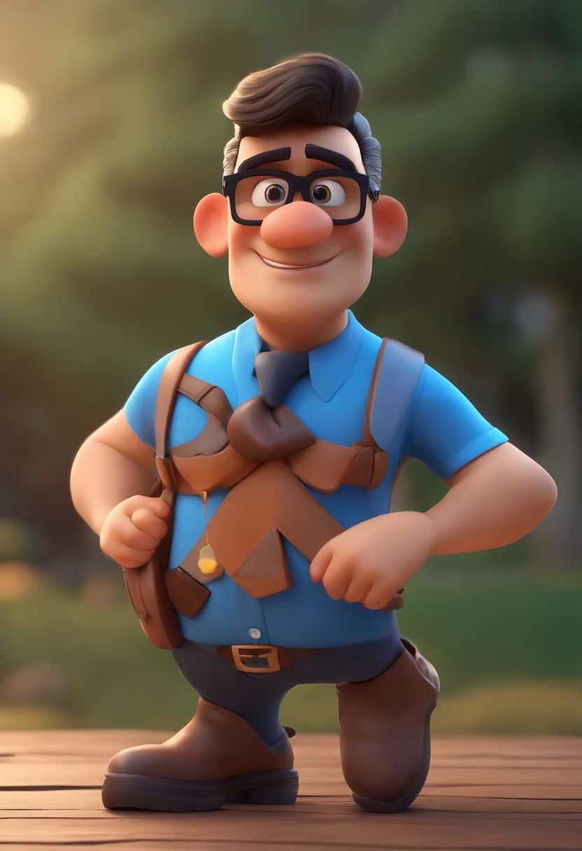 Cartoon character of a man wearing black glasses and a blue shirt, um personagem animado, Caractere estilizado, animation style rendering, 3D estilizado, Arnold Maya render, 3 d render stylized, toon render keyshot, Personagem 3D, Personagem 3D, 3d rendering stylized, 3 d character render, personagem de desenho animado, Personagem de close up, Pose de personagem, (Estilo Pixar) (master part:1.2) (Bokeh) (best quality) (pele detalhada) (textura detalhada) (8k) (argila) (Cinematic lighting) (foco nítido,Senta e vaza a parte superior do corpo