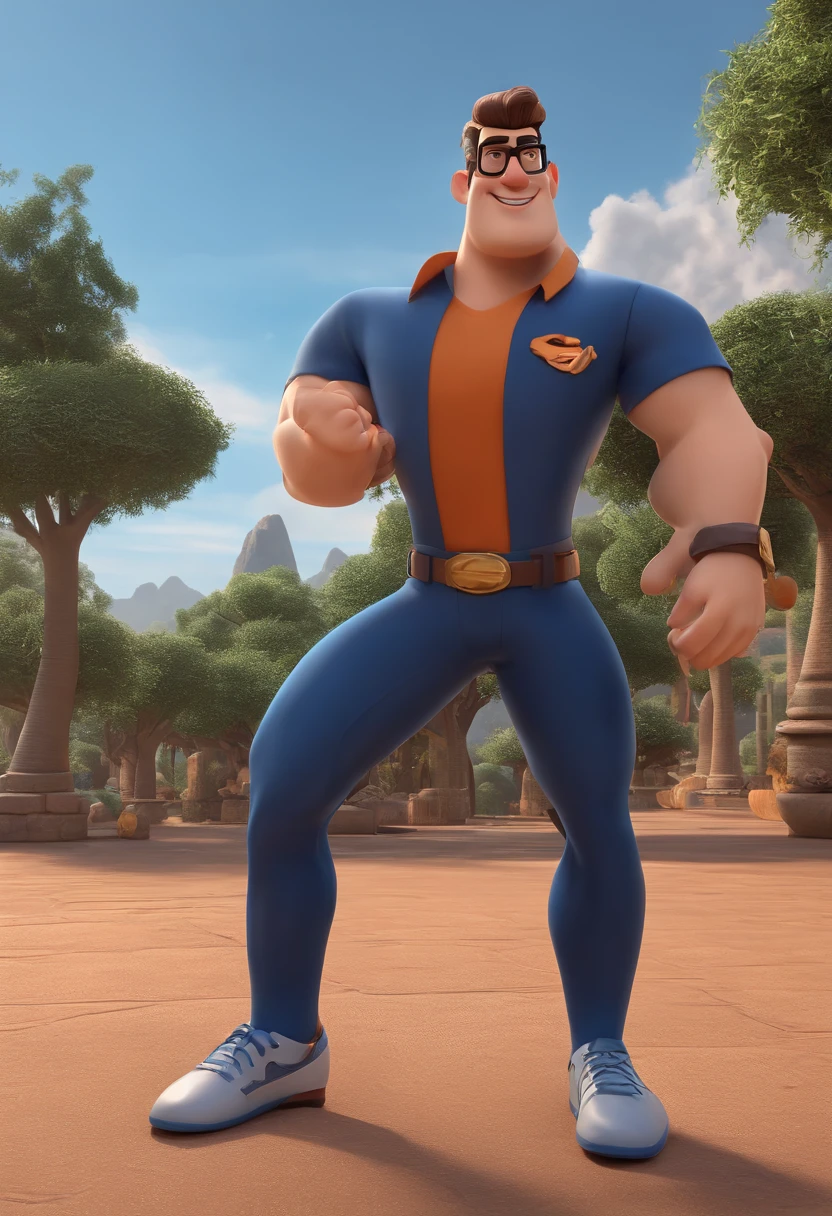 Cartoon character of a man wearing black glasses and a blue shirt, um personagem animado, Caractere estilizado, animation style rendering, 3D estilizado, Arnold Maya render, 3 d render stylized, toon render keyshot, Personagem 3D, Personagem 3D, 3d rendering stylized, 3 d character render, personagem de desenho animado, Personagem de close up, Pose de personagem, (Estilo Pixar) (master part:1.2) (Bokeh) (best quality) (pele detalhada) (textura detalhada) (8k) (argila) (Cinematic lighting) (foco nítido,Senta e vaza a parte superior do corpo
