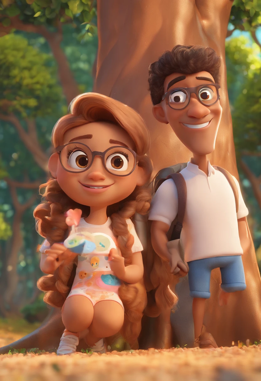 An illustration of an adorable couple, Highlight for a smiling chubby mulatto wearing round glasses and a white woman with beautiful expressive eyes - the man's skin is black, while the woman's skin is white and the woman's hair is straight and blonde. They are a bright room, cada um com um sorriso no rosto, e compartilhar um momento especial caracterizado pelo amor, Insights. Illustrate this scene from a perspective where they are facing the camera, on a tree. Smiling and Showing Your Connection. Desenvolva esta arte em Full HD, Focus on your cinematic touch, Estilo Disney Pixar Animations