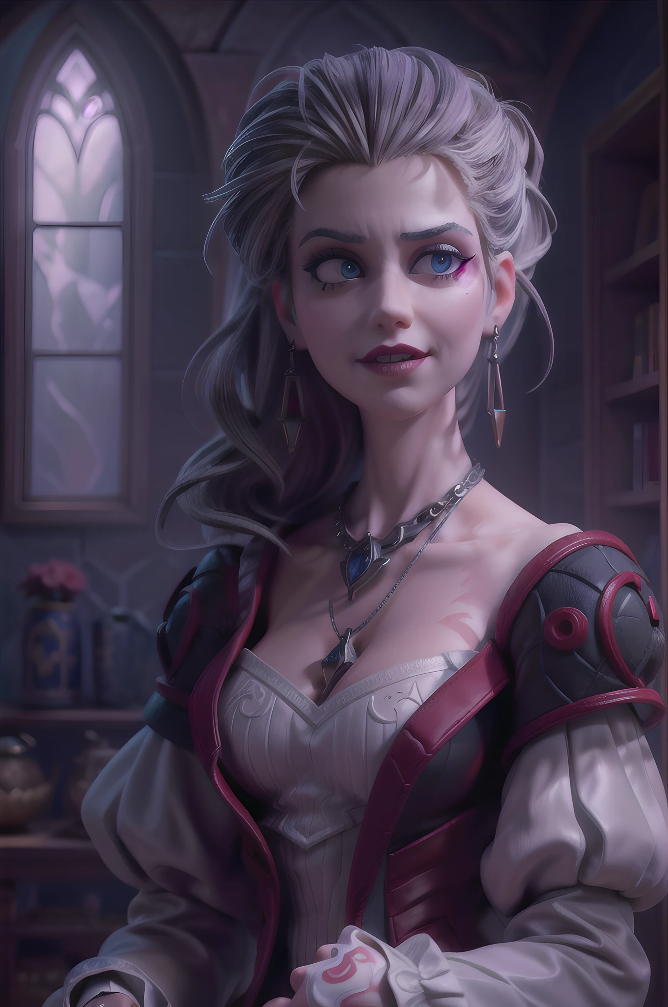 a portrait of (Pixar art: 1.5) a picture of vampire human in her castle, an exquisite beautiful female vampire human in her library, full body (ultra detailed, Masterpiece, best quality), ultra detailed face (ultra detailed, Masterpiece, best quality), grey skin, blond hair, hair in a ponytail, long hair, blue eyes, cold eyes, glowing eyes, intense eyes, smirking, smile with [drops of blood on face] (ultra detailed, Masterpiece, best quality), dark red lips, [vampire fangs], wearing white dress (ultra detailed, Masterpiece, best quality), dark blue cloak, high heeled boots in dark fantasy library, book shelves, high details, best quality, 8k, [ultra detailed], masterpiece, best quality, (ultra detailed), full body, ultra wide shot, photorealism, luis royo style, dark fantasy art, moon light coming through the window, moon rays, gothic art, sense of dread, sense of seduction, pixarstyle