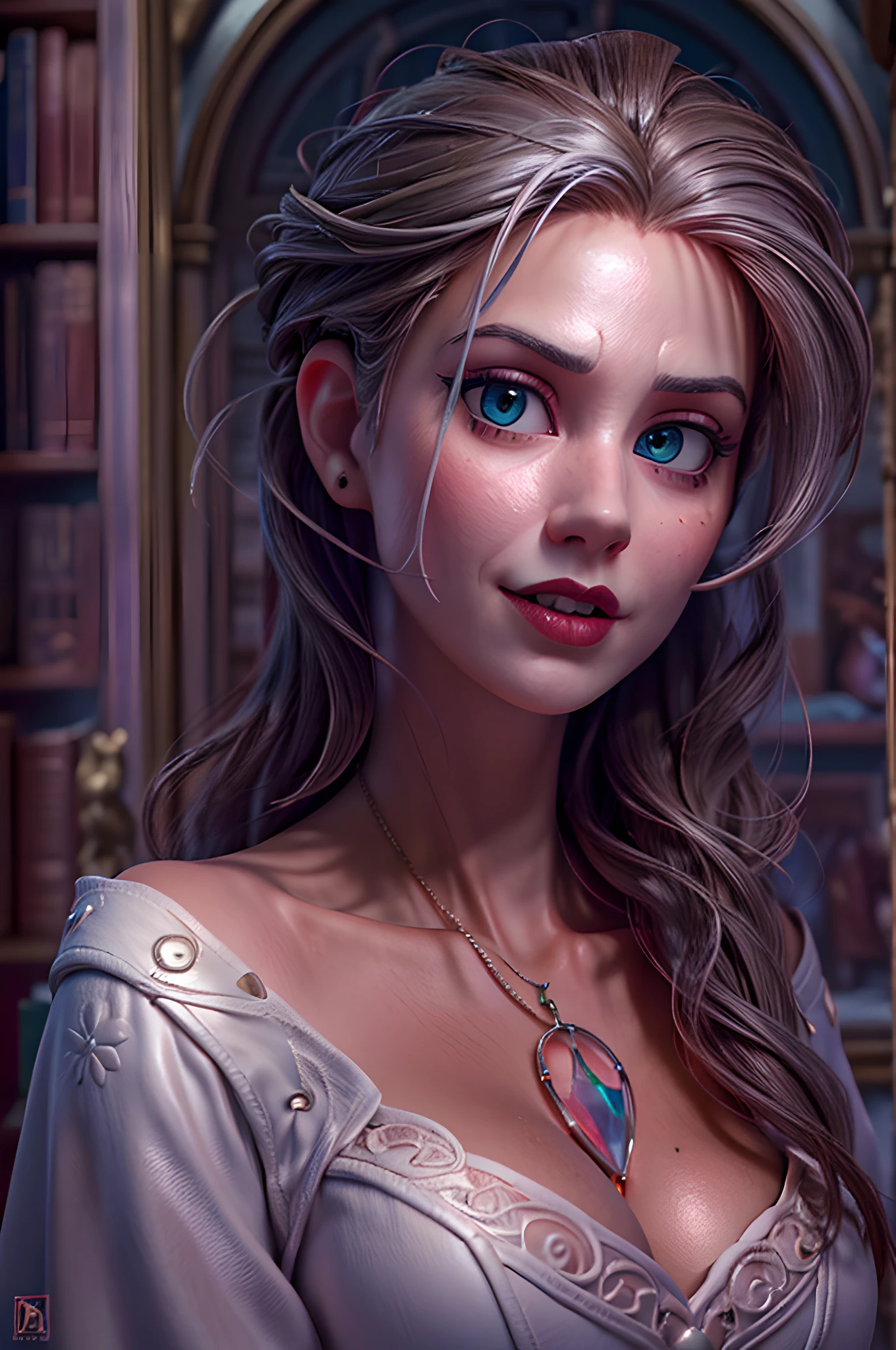 a portrait of (Pixar art: 1.5) a picture of vampire human in her castle, an exquisite beautiful female vampire human in her library, full body (ultra detailed, Masterpiece, best quality), ultra detailed face (ultra detailed, Masterpiece, best quality), grey skin, blond hair, hair in a ponytail, long hair, blue eyes, cold eyes, glowing eyes, intense eyes, smirking, smile with [drops of blood on face] (ultra detailed, Masterpiece, best quality), dark red lips, [vampire fangs], wearing white dress (ultra detailed, Masterpiece, best quality), dark blue cloak, high heeled boots in dark fantasy library, book shelves, high details, best quality, 8k, [ultra detailed], masterpiece, best quality, (ultra detailed), full body, ultra wide shot, photorealism, luis royo style, dark fantasy art, moon light coming through the window, moon rays, gothic art, sense of dread, sense of seduction, pixarstyle