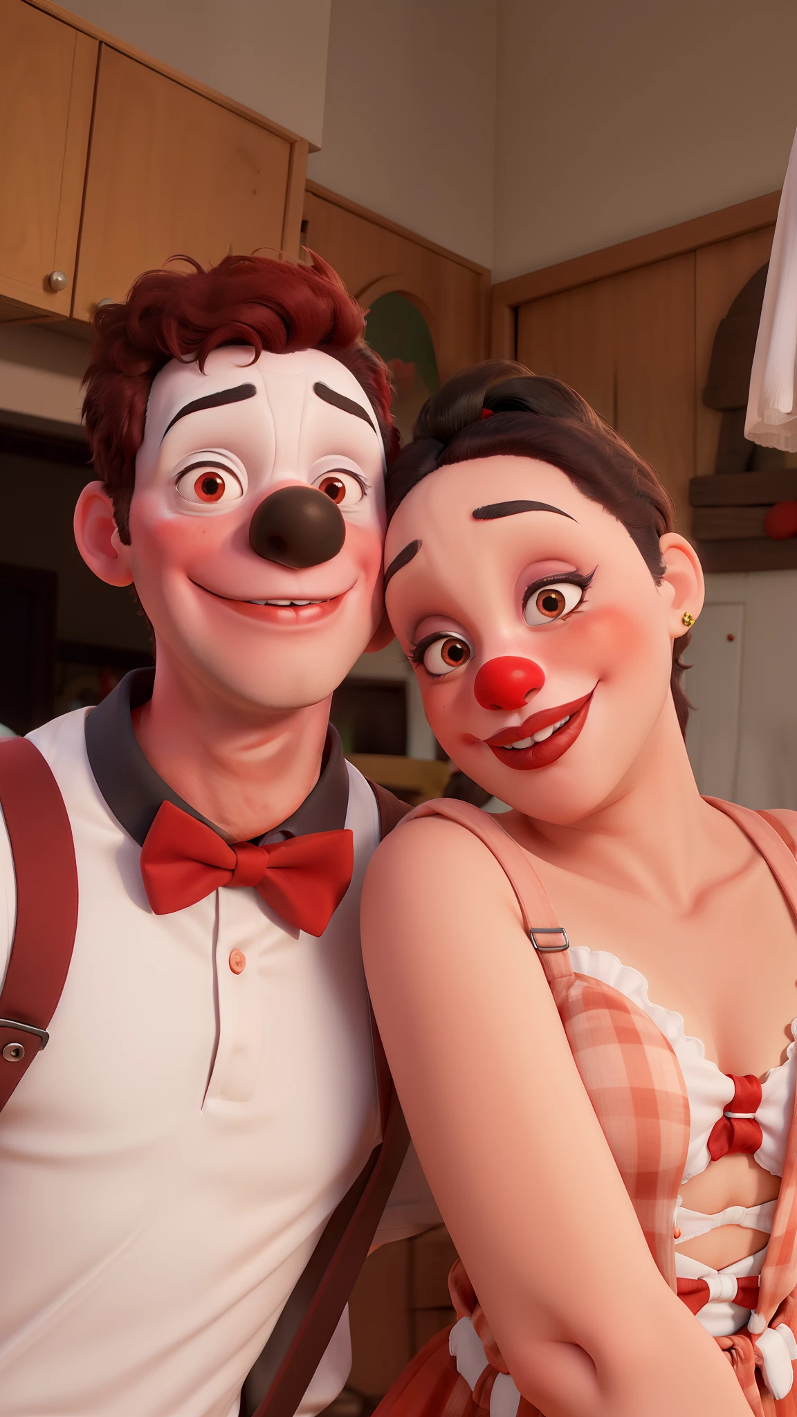 Um casal, The clown with white makeup on his eyes and mouth, um nariz preto, and red cheeks with suspenders and red bow tie, sua namorada com uma roupa Rosa cheia de pedras brilhantes e um batom vermelho