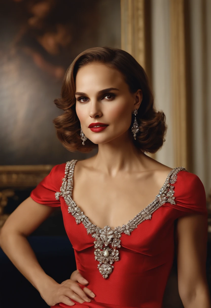 Natalie Portman, oil painting, Renascimento, leonardo da vinci, model, estilo moderno, roupas modernas, estrela pop, Fresco, short hair red color pearl necklace, Brincos, maquiagem moderna, Red lipstick, Noite estrelada, vestido com estrelas pretas, anel, defined strokes