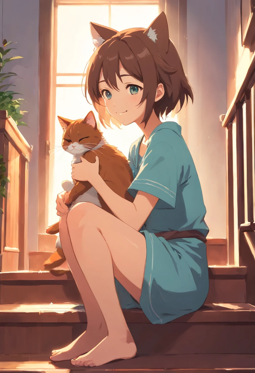 A woman is sitting on a staircase, holding a cat in her arms. The cat is wearing a cat costume, which includes a cat hat and cat whiskers. The woman is also wearing a cat costume, making the scene quite playful and fun. The woman is smiling, showing her enjoyment of the moment. The cat appears to be relaxed and comfortable in the woman's arms, adding to the overall warmth and happiness of the scene.