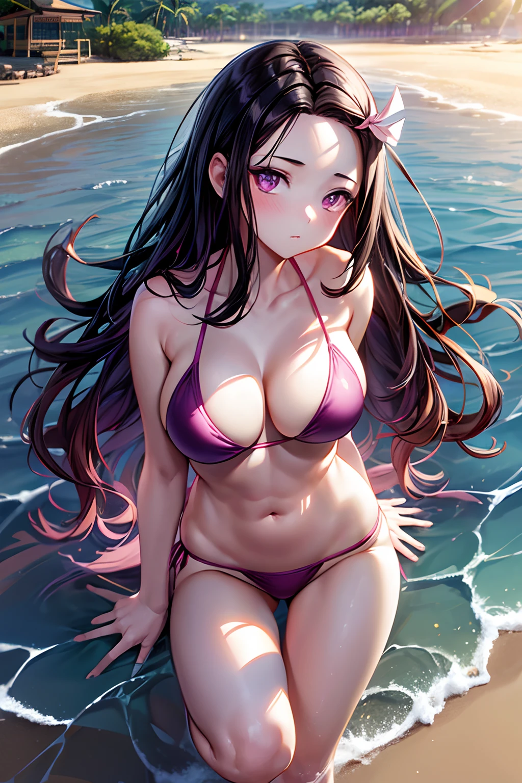 ((1 adult girl)), adult body, seductive face, good lighting, fine details, bright eyes, (light pink eyes), black hair, purple eyes, bamboo, (((Nezuko Kamado))), beach scene, hot sun, full body, wide hips, medium breasts, (((wearing very short bikini))), muscular thighs, muscular belly, standing, barefoot, light pink, wavy hair, black hair, long hair, high details, anime , anime style, cinematic lighting, jpeg artifacts, bright light, divine rays, ray tracing, drop shadow, panorama, Sony FE, UHD, masterpiece, precision, super detail, high quality, high resolution, 16k