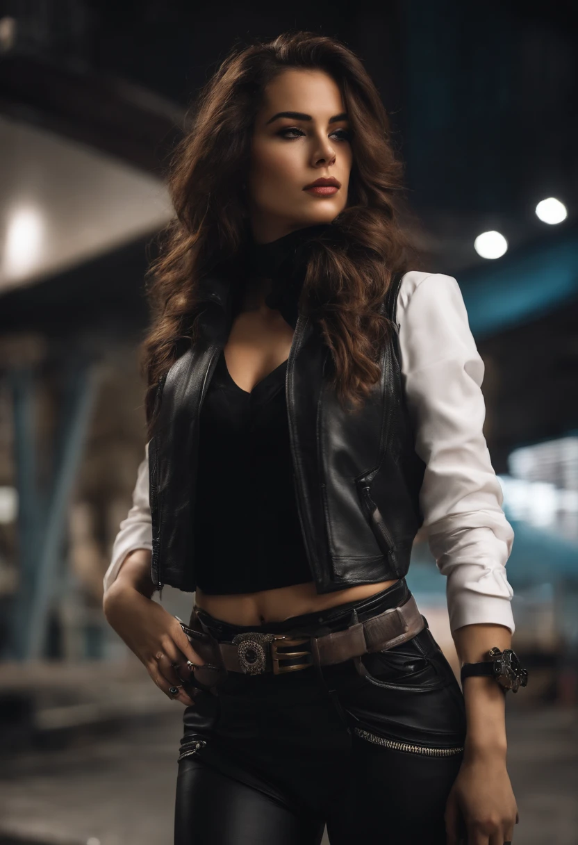 1girl, tiro de close up, (cabelos brancos, medium hair, seios grandes, olhos vermelhos), anatomia perfeita, cidade, estilo cyberpunk, ((camisa branca, Black jacket, black skirt, umbigo, belt, luvas pretas, tie on the neck, wristwatch, Brincos, See through black leggings)), ((segurando arma)), Foi, Cidade arruinada, campo de batalha, escombros, Buildings,cigarro