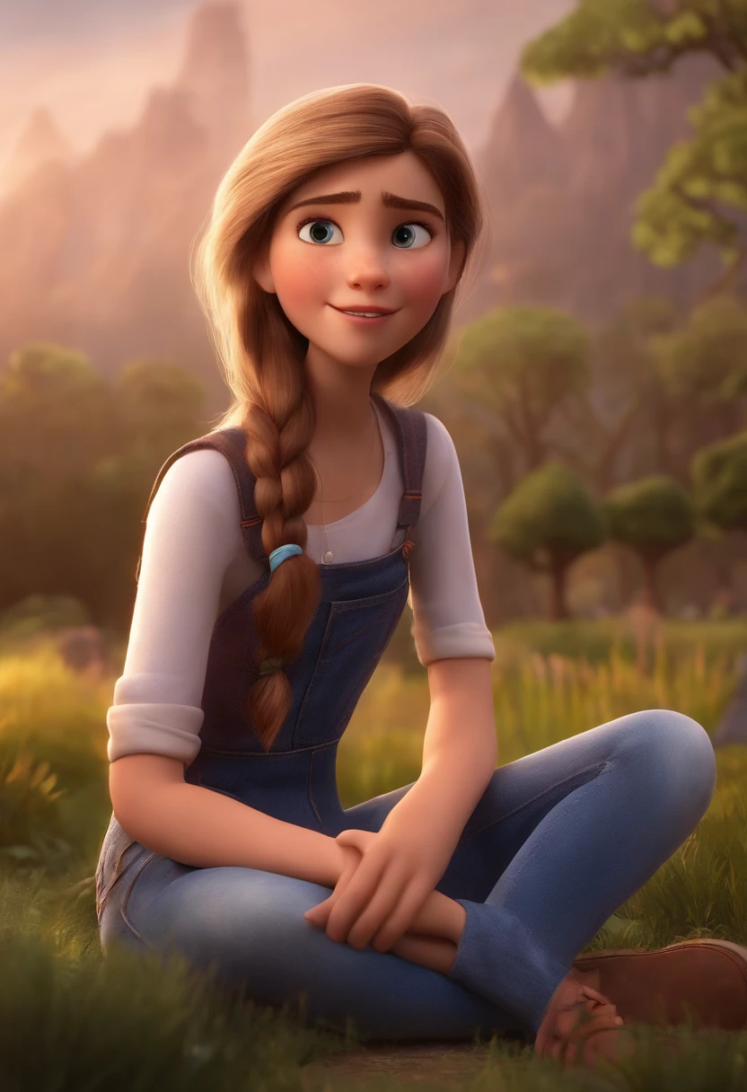 Image: Pixar Style: White Character, Straight Hair, Medium Hair in Jeans and Dark Eyes