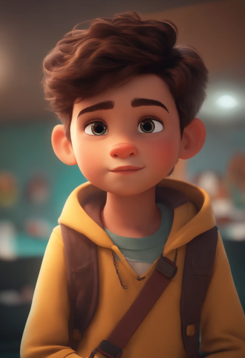 Image of a boy for a story in Pixar format, He's tall, tem olhos verdes e cabelo preto cacheado.
