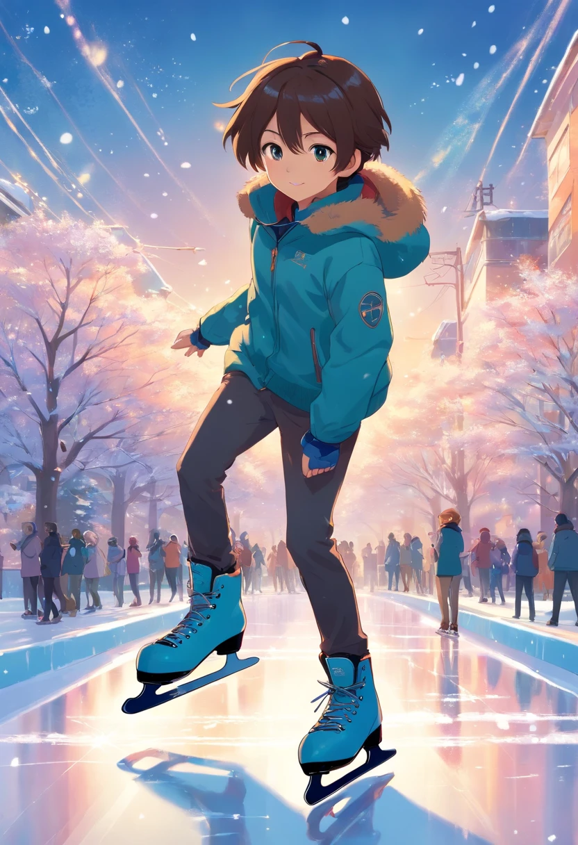 Menino de 10 anos, e um gato bonito de olhos redondos,In ice skating, montanhas de neve.
