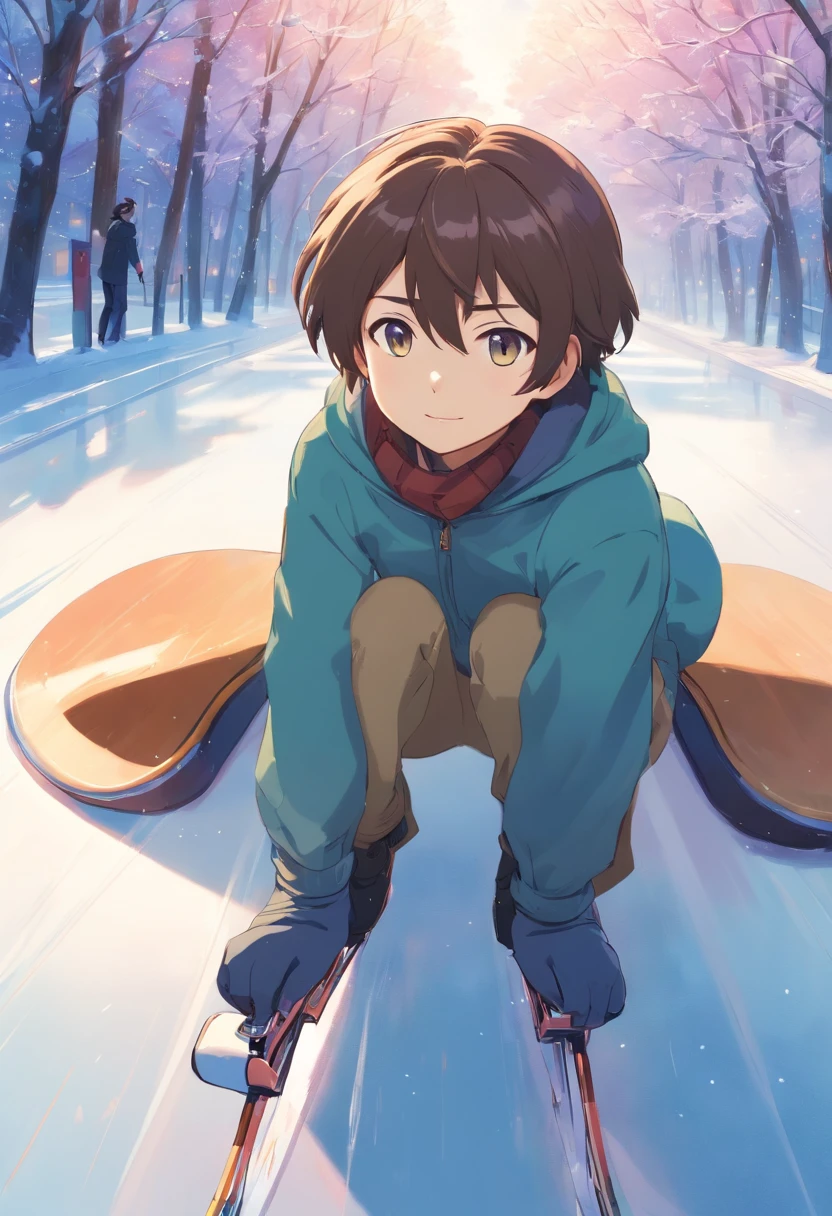 masterpiece, top-quality, Chibi,1boy(((Blue-eyed boy))), cheng,brown haired,shorth hair, Ski resort on a sunny day、snow board、(((Chasing the person in front of you on a snowboard)))(((Glide facing forward)))