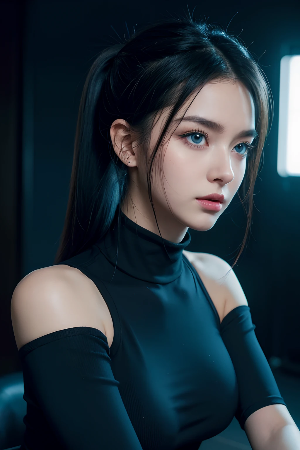 pony tail, skintight black top:1.2, looking at viewer, cinematic lighting, perfect, soft lights, high resolution skin:1.2, realistic skin texture, realistic face, lean girl, headphones:1.2, off shoulder, Exposed cleavage, blue Eyes, big boob, bdsm slave collar harajuku makeup,