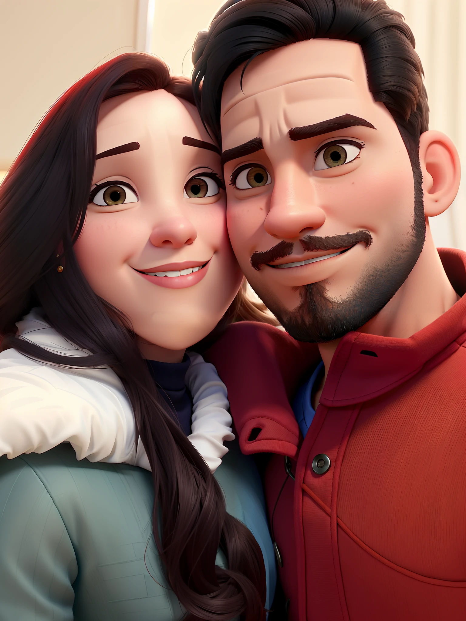 Casal (homem moreno e mulher branca) no estilo Disney Pixar, alta qualidade, melhor qualidade.