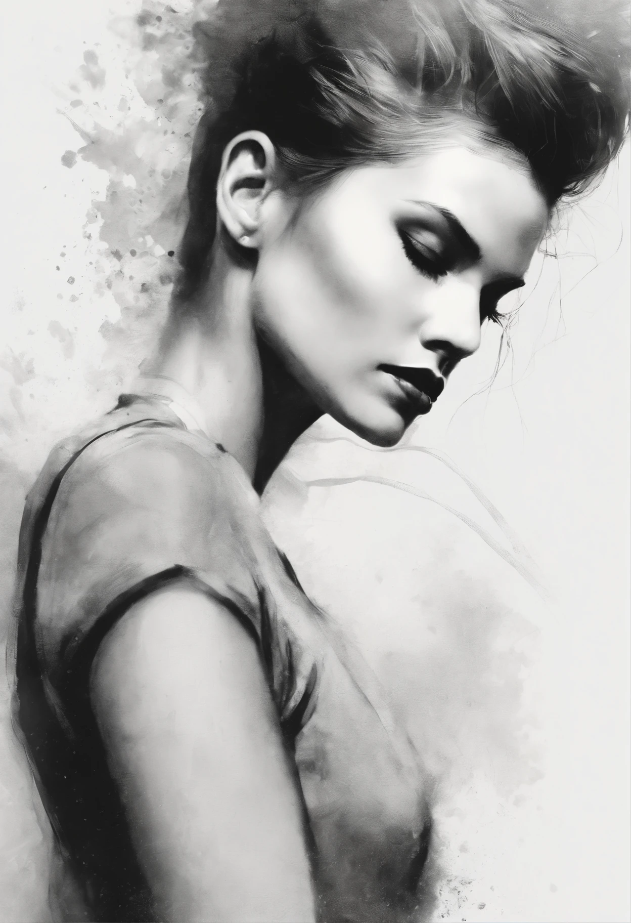 Create an exquisite ink drawing, intricated line drawing, soft light, lightest tones, least contrast, transparent shape, minimalism, by Jeremy Mann and Tsutomu Nihei on white paper that forms a seamless multiple exposure artwork. This piece should merge the volumetrically shaded silhouette of a punk woman who has a mohawk with the word DESTROY, infusing intricate details into all elements. Craft a harmonious and unique composition that conveys a profound sense of rebellion. This conceptual art should be poster-worthy, showcasing a blend of illustration techniques that evokes a sense of emotional depth and storytelling, gold accents, watercolor splashes , illustration, cinematicv0.2