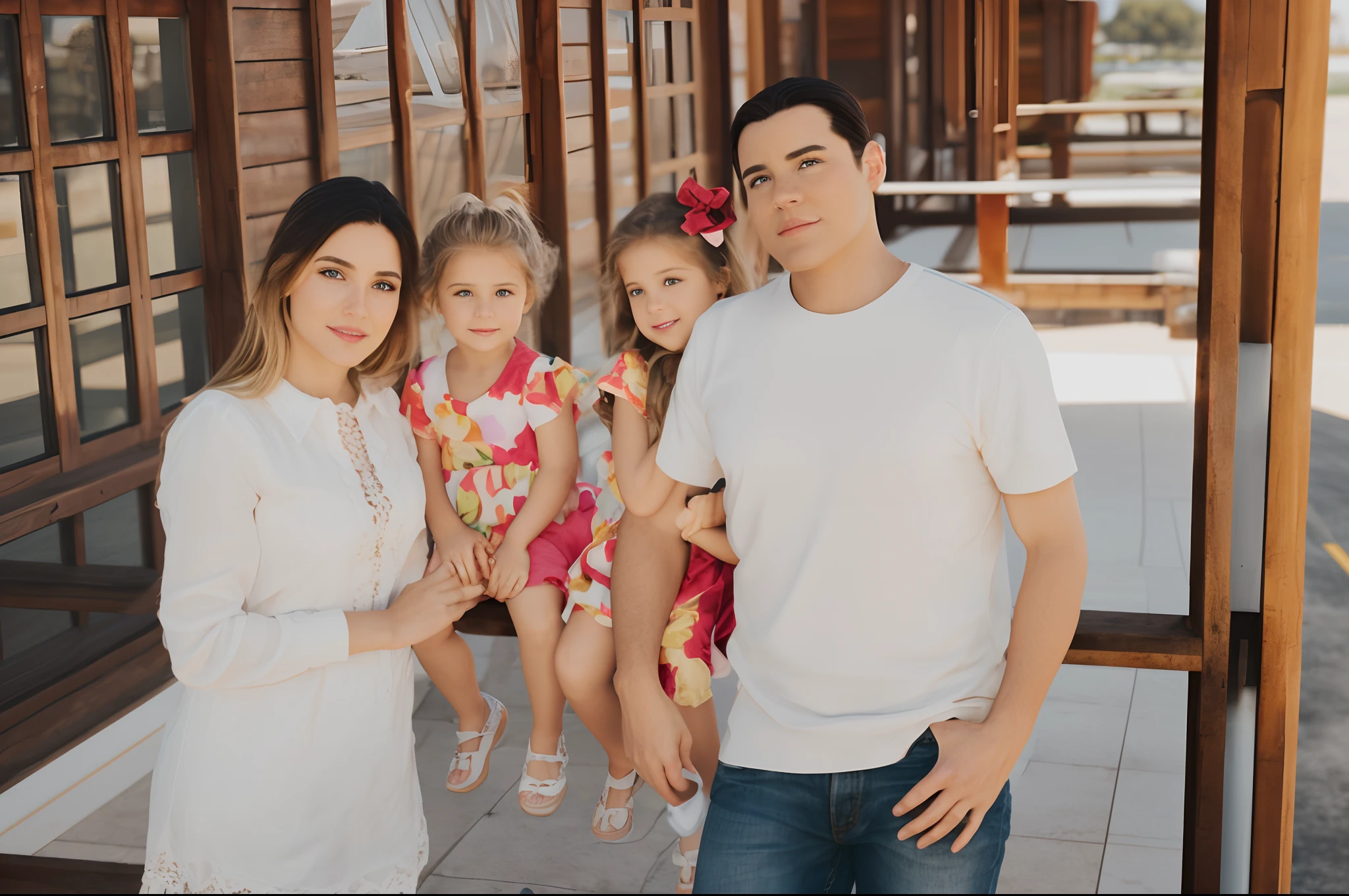 a Disney Pixar movie poster showing a family with 4 white-skinned people. The father is the tallest, cabelos curtos e castanho. Mommy has brown eyes and long blond hair. A tem 3 anos com cabelos loiros encaracolados, na altura dos ombros e olhos azuis. A meninaanos com cabelos loiros ondulados e longos e olhos azuis. The backdrop is at an airport in Portugal. 3D-rendering