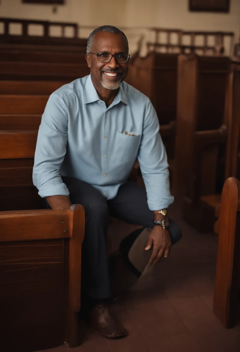 Presenting a 52-year-old Brazilian evangelical pastor, dark-skinned, tall, with little hair and a gray beard, his body is neither thin nor fat, wearing light blue square-framed glasses, with a blue shirt. button on the left side a pocket and on the pocket the name Emissaries embroidered on the shirt. He has an open Bible and a flannel board talking about Jesus Christ, the Son of God, with a group of children inside a church