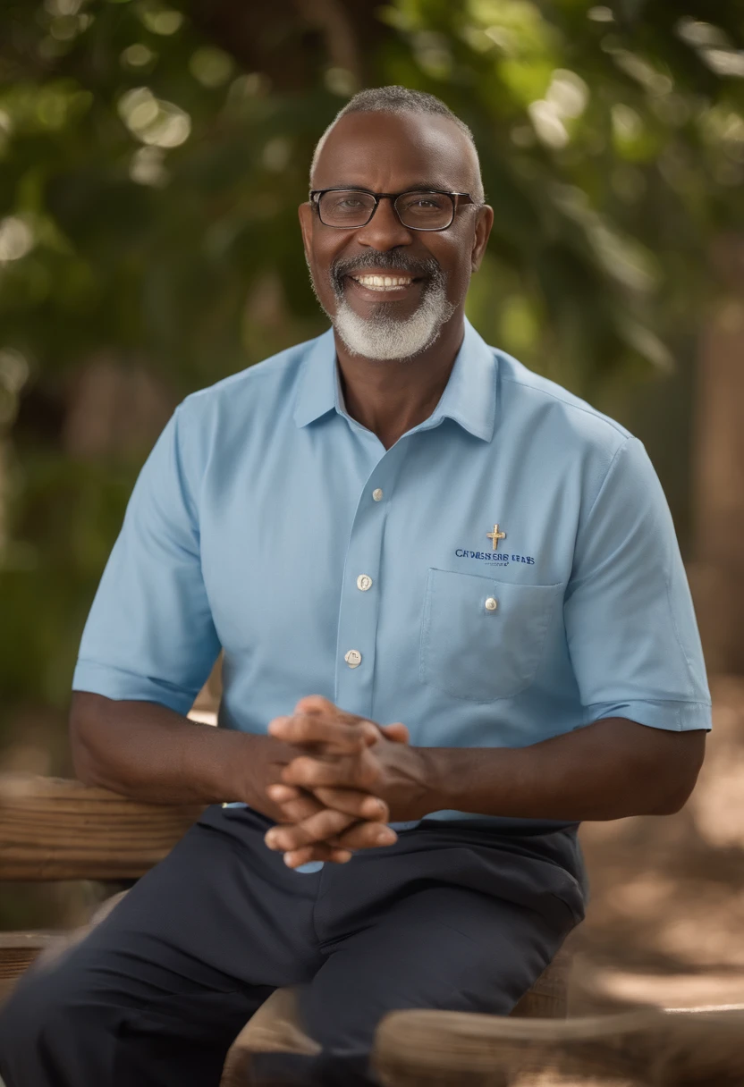 Presenting a 52-year-old Brazilian evangelical pastor, dark-skinned, tall, with little hair and a gray beard, his body is neither thin nor fat, wearing light blue square-framed glasses, with a blue shirt. button on the left side a pocket and on the pocket the name Emissaries embroidered on the shirt. He has an open Bible and a flannel board talking about Jesus Christ, the Son of God, with a group of children inside a church