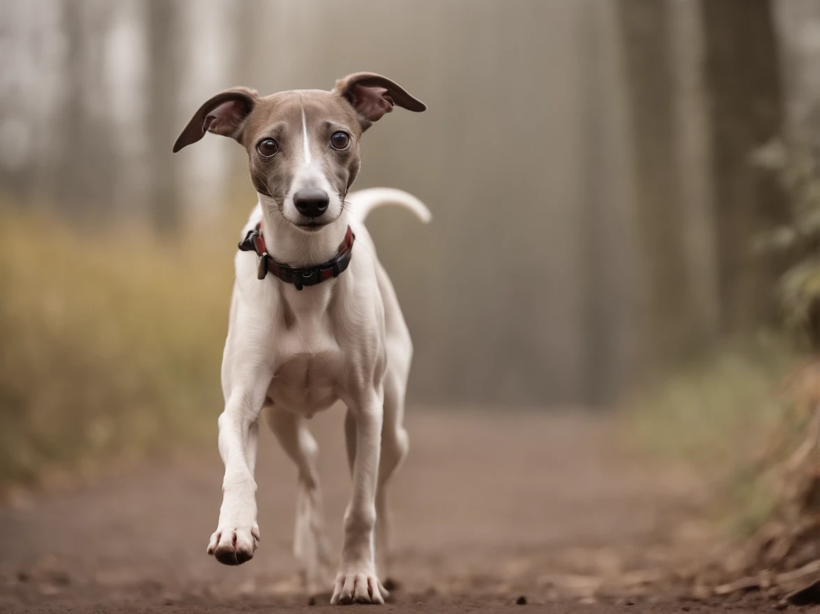 um whippet de pelagem tigrada feliz andando pela rua com uma cidade desfocada ao fundo