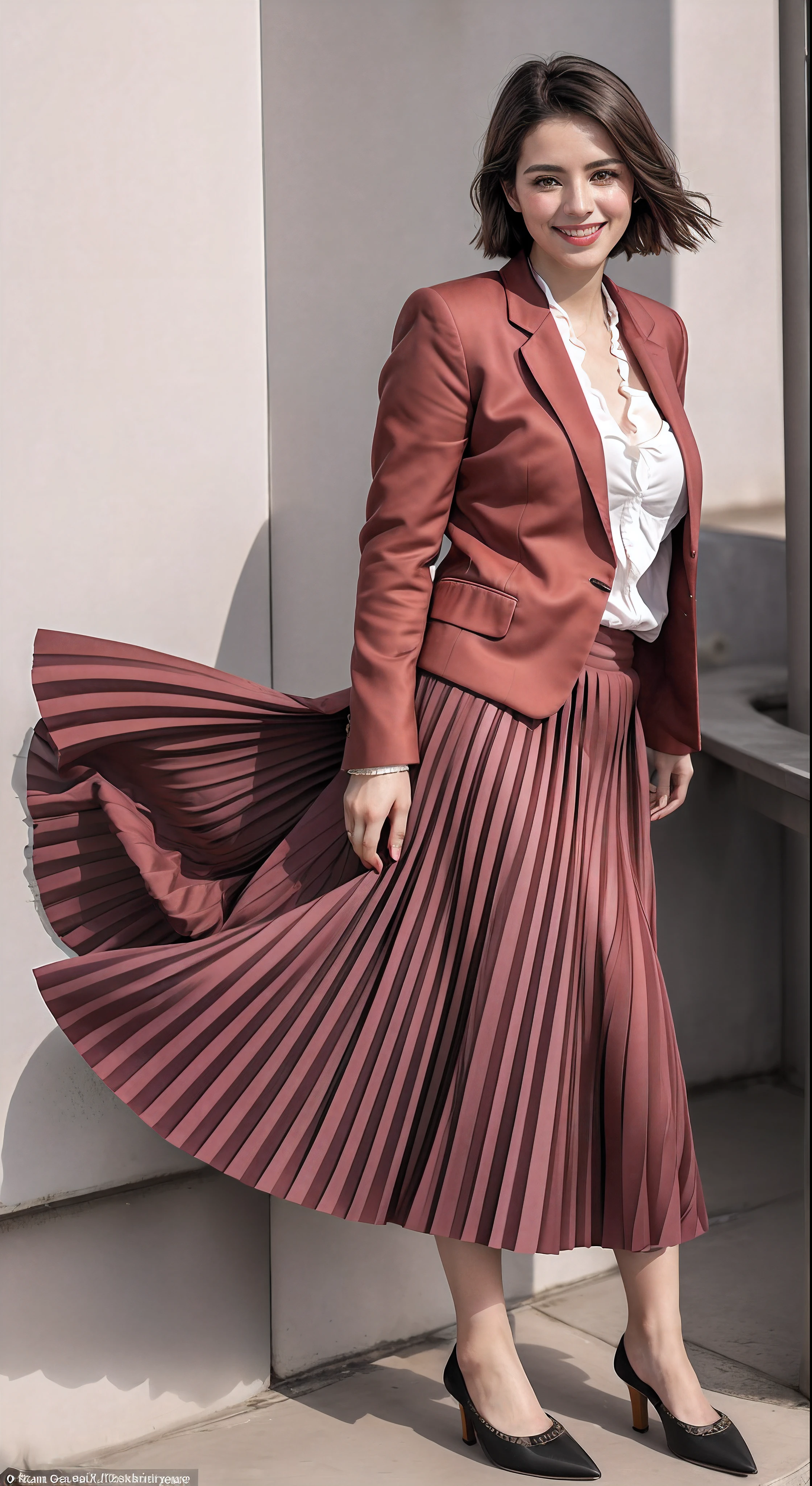 (shy:1,2) (smiling;1,1) woman playing with skirt, dancing, wearing short blazer and very very detailed (long (fully pleated) full circle skirt) and (simple) low heeled office shoes, very very intricate hyper-detailed symmetric (attractive graceful young feminine face) with (sad, tired eyes and a shy smile), large breasts, full of empathy and compassion and love, (pronounced (feminine) features), (highly detailed ultra accurate realistic) hands and fingers, (windy conditions and wind blowing), epic composition, highly detailed attributes, highly detailed space station background, (35mm f1.4 Kodak portra 400 photograph), extremely high quality RAW photograph,