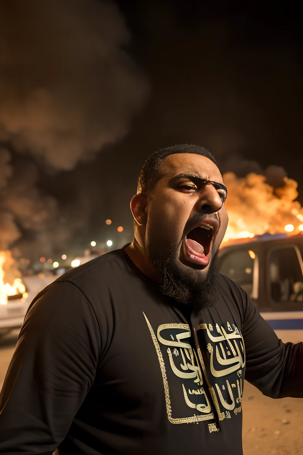 Close up photo of an angry muslim man, (Arab man, 60 years old:1.4),(screaming), shouting, waving arms, throwing rocks, violent, angry mob, riot, dirty, (masterpiece, best quality, intricate details, highly detailed:1.2), outdoors, night time, set in London, fire, burning police cars, realistic, 8k