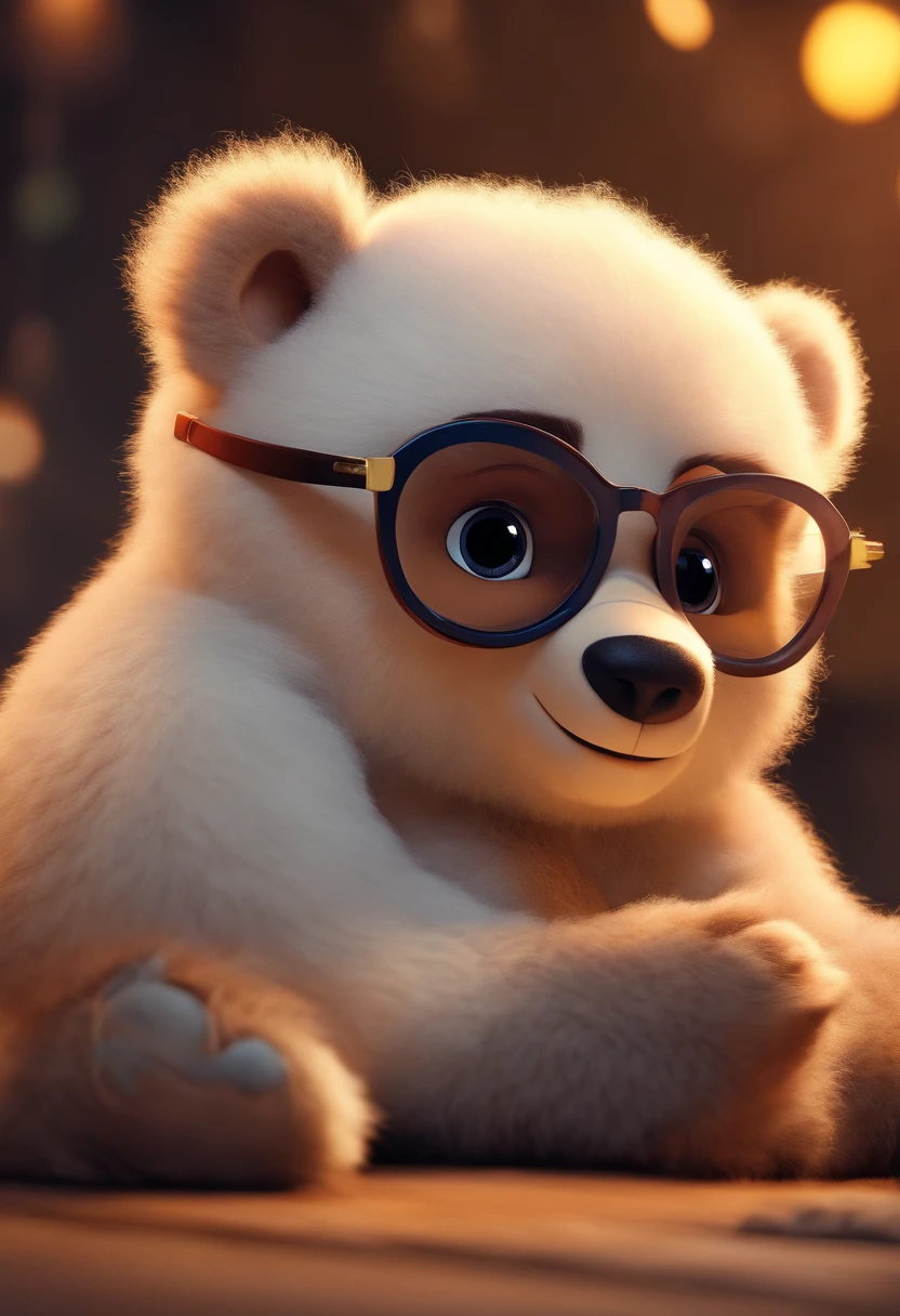 estilo desenho animado, Pixar, wearing round glasses, segurando um urso de pelucia, roupa de escoteiro,