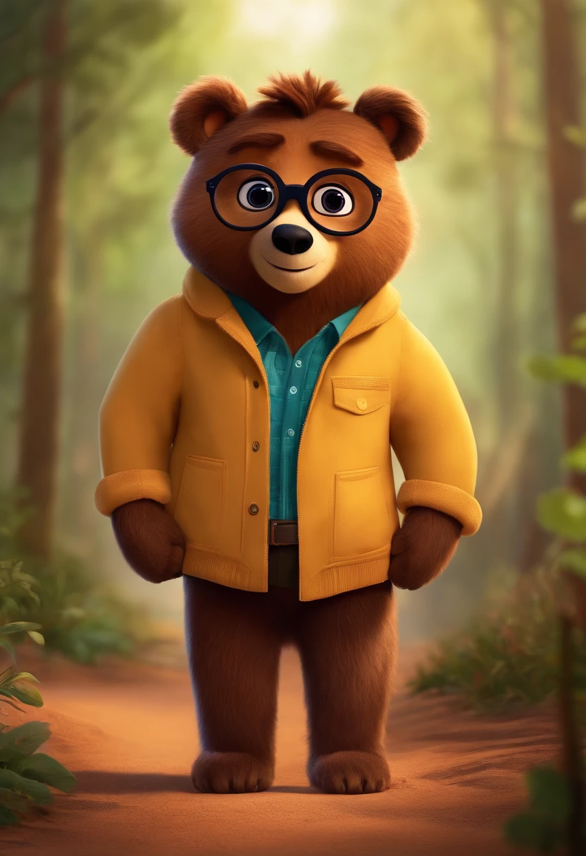 Menino estilo desenho animado, Pixar, wearing round glasses, segurando um urso de pelucia, roupa de escoteiro,