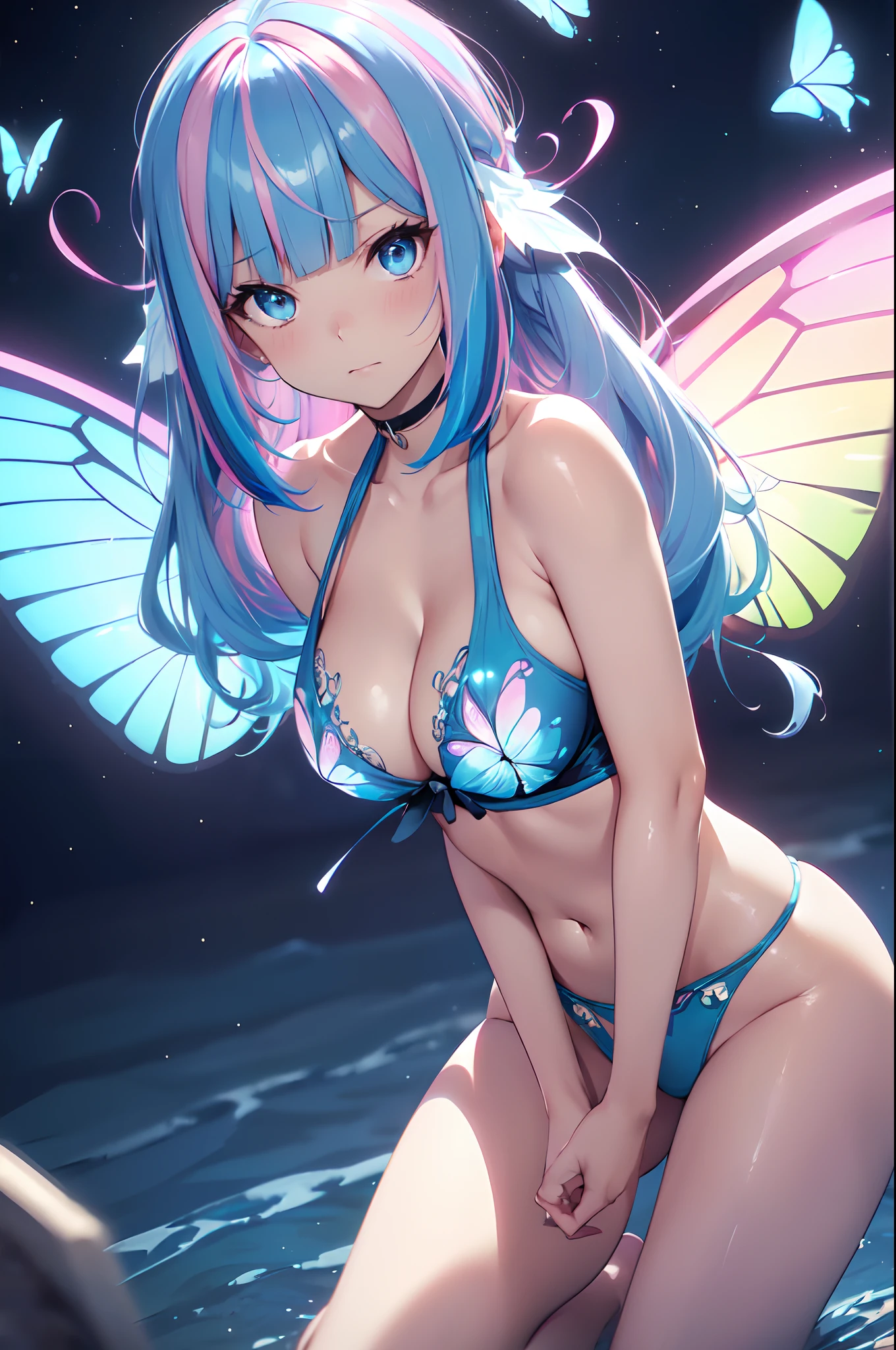 Illustration of a cute bikini model girl, (Anime style:1.2), masutepiece, Best Quality, ultra-detailliert, 4K, absurderes, hight resolution,(((masutepiece, Best Quality)))((masutepiece:1.5)), (Best High Quality, 超A high resolution, The ultra -The high-definition, 4K:1.3),((Perfect hands, Perfect fingers, Perfect legs)),1womanl, Looking at Viewer ,Full body shot, 30 years old, ((Light blue eyes)),((Round eyes)), Sweat, White skin, (((skinny))), Sweat,((Shiny body, Shiny skin,)), (((masutepiece, Best Quality)))((masutepiece:1.5)), (Best High Quality, 超A high resolution, The ultra -The high-definition, 4K:1.3), (((Blunt bangs:1.3))), (((Pink bob hair))), (((blue colored inner hair:1.3))),(((blue streaked hair:1.3))), ((Blue eyes)), ((White skin)),((((Shiny body, Shiny skin,)))), Dynamic Pose , fairy tail, (( Blue glowing eyes)), butterfly hair ornament, (((From above))) , BREAK ,((Midnight)), panoramic shot , glowing butterflies, ((cleavage)), Bare shoulders, piece sign, maikurobikini、Witch Bikini Night Color, fullmoon, City lights, Moonlight, ((Butterfly wings)), ((fly, Flying:1.2)), Opens mouth and laughs, Lots of glowing butterflies, flying butterflies, Perfect legs,((intricate designs)) BREAK, (a closeup), Being looked down on, Overlooked from above、((irritated))