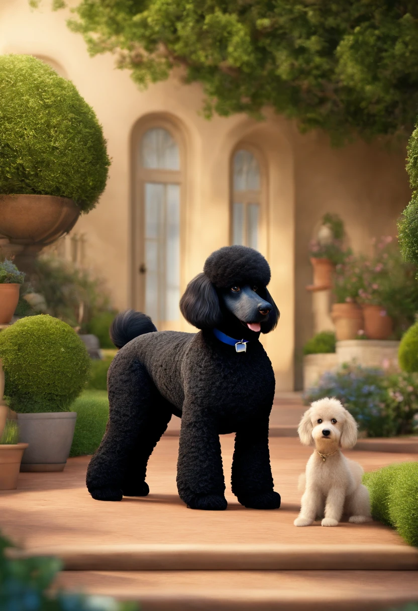 a Disney Pixar movie poster showing a white-skinned family. The father is the tallest, Tem barba curta, cabelo castanho, cabelo curto. Mom has long blond eyes and hair,shoulder-length and is slightly overweight. O menino tem 6 anos, is skinny and has blond hair, Blue sweater and jeans. A black poodle dog with a blue ball.The background is a garden . 3D-rendering