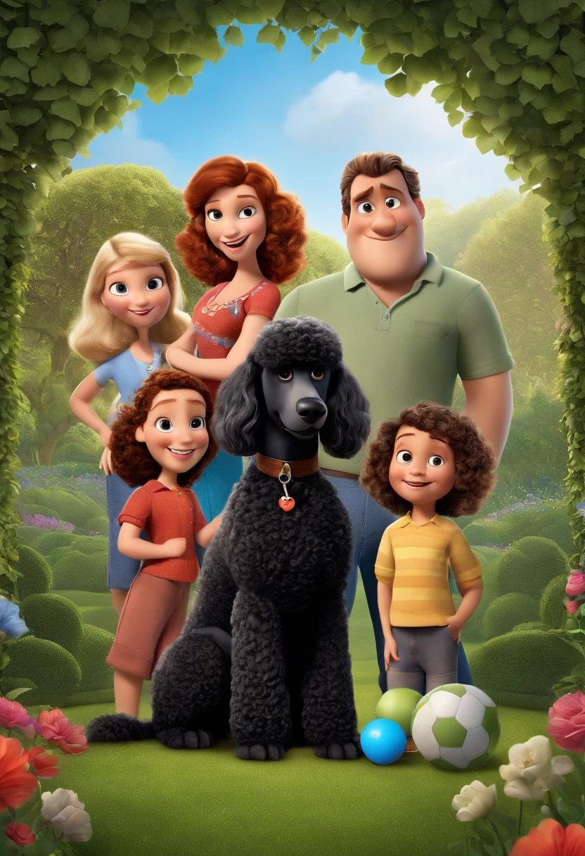 a Disney Pixar movie poster showing a white-skinned family. The father is the tallest, Tem barba curta, cabelo castanho, cabelo curto. Mom has long blond eyes and hair,shoulder-length and is slightly overweight. O menino tem 6 anos, is skinny and has blond hair, Blue sweater and jeans. A black poodle dog with a blue ball.The background is a garden . 3D-rendering