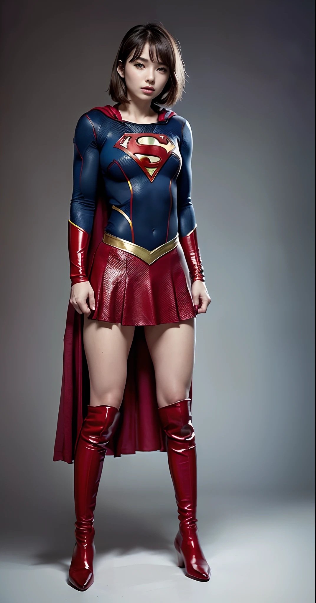 Beautiful girl fighting、japanes、Cute Beautiful Girl、(((Wear black tights on your beautiful legs.)))、(((beauty legs)))、(((Open thighs)))、((((Make the most of the original image)))、(((Supergirl Costume)))、(((Beautiful hair with short cuts)))、(((Injured)))、(((Feet must necessarily be worn with black tights)))、(((You need to wear red boots)))、((Top image quality、8K))、((top-quality、8K、​masterpiece:1.3))、(((Keep your background simple)))、Crisp focus:1.2、Beautiful woman with perfect body shape:1.4、Slender Abs:1.2、a wet body:1.5、Highly detailed facial and skin texture、8K、Keep your background simple