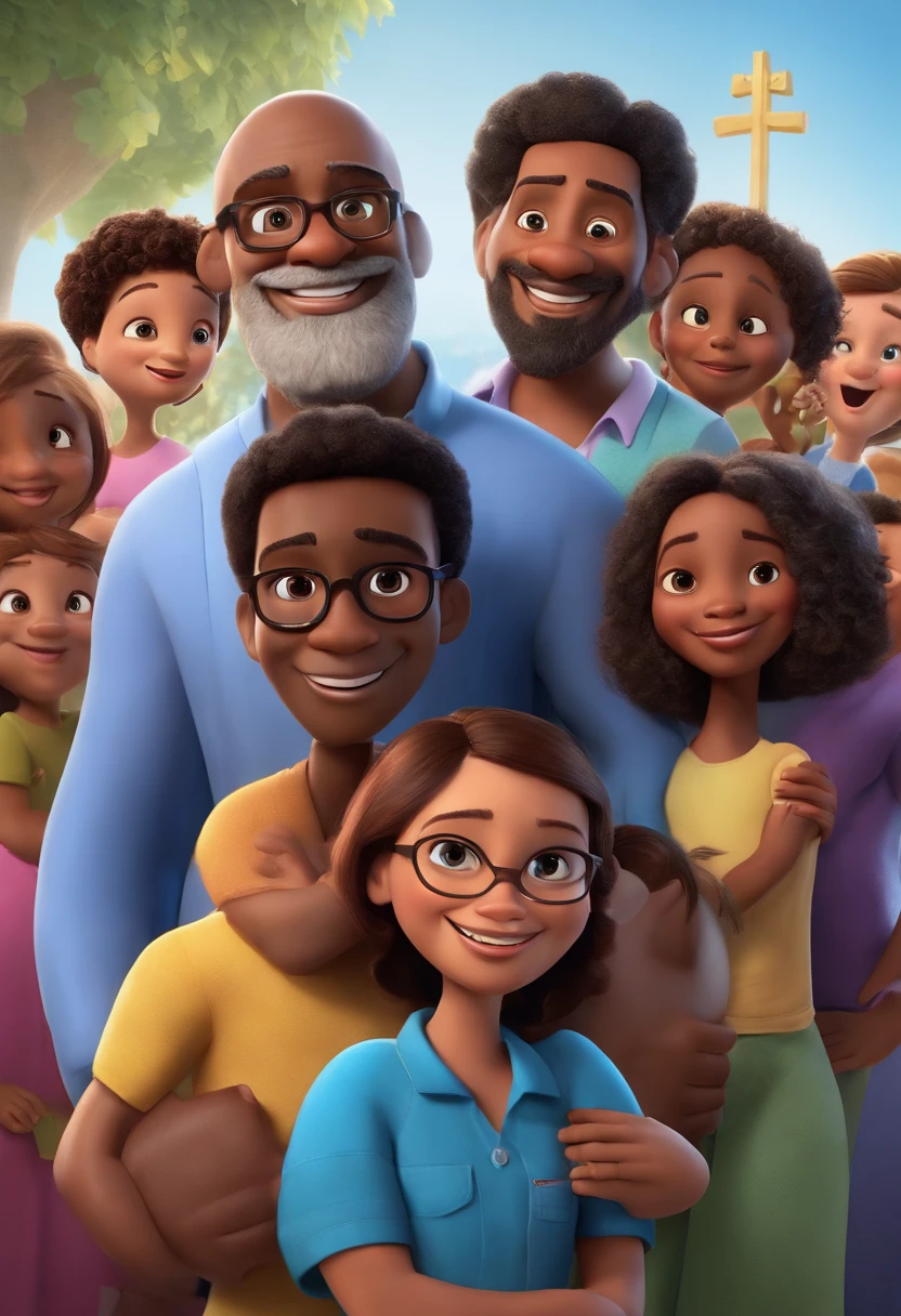 A Disney/pixar - inspired movie poster with "Pastor”: Presenting a 52-year-old Brazilian evangelical pastor, dark-skinned, tall, with little hair and a gray beard, his body is neither thin nor fat, wearing light blue square-framed glasses, with a blue shirt. button on the left side a pocket and on the pocket the name Emissaries embroidered on the shirt. He has an open Bible and a flannel board talking about Jesus Christ, the Son of God, with a group of children inside a church. The scene should be in the distinct digital art style of pixar, with a focus on character expressions, vibrant color and detailed texture that are characteristic of their animations.