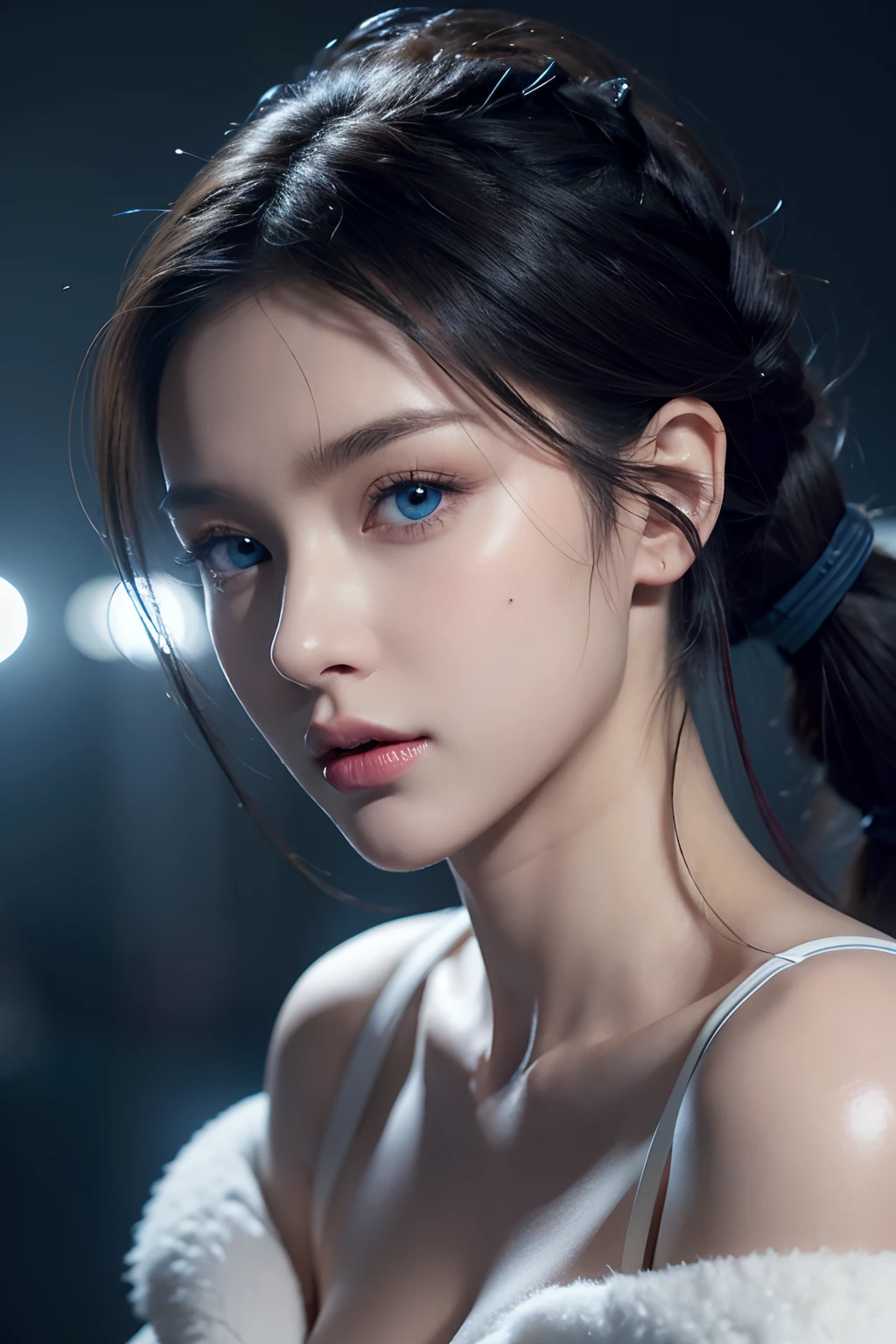 pony tail, looking at viewer, cinematic lighting, perfect, soft lights, high resolution skin:1.2, realistic skin texture, realistic face, lean girl, headphones:1.2, off shoulder, Exposed cleavage, blue Eyes, big boob, bdsm slave collar harajuku makeup,