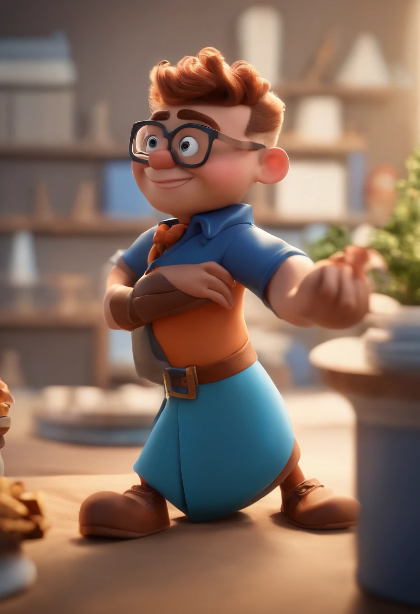 Cartoon character of a man wearing black glasses and a blue shirt, um personagem animado, Caractere estilizado, animation style rendering, 3D estilizado, Arnold Maya render, 3 d render stylized, toon render keyshot, Personagem 3D, Personagem 3D, 3d rendering stylized, 3 d character render, personagem de desenho animado, Personagem de close up, Pose de personagem, (Estilo Pixar) (master part:1.2) (Bokeh) (best quality) (pele detalhada) (textura detalhada) (8k) (argila) (Cinematic lighting) (foco nítido，Senta e vaza a parte superior do corpo