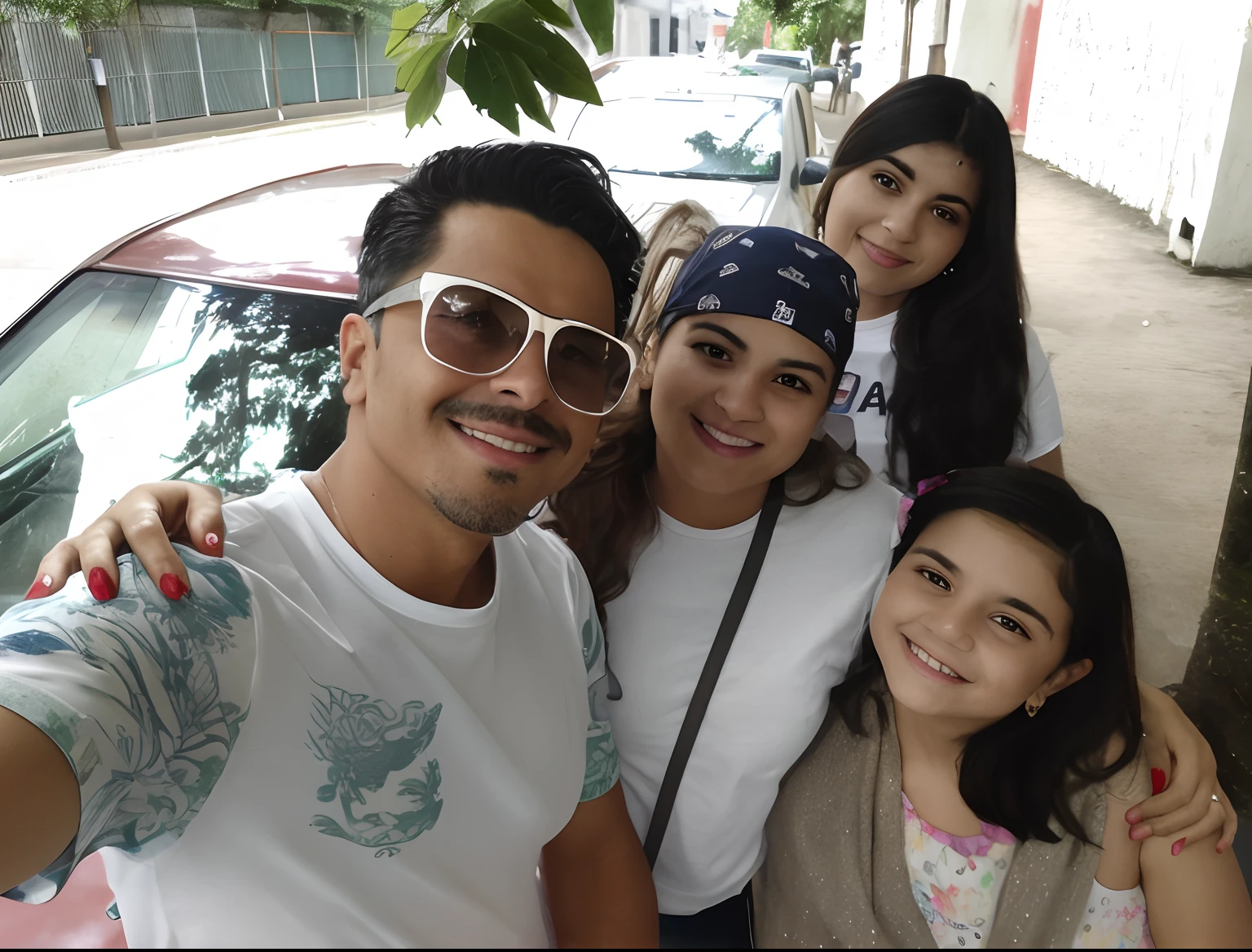 There are three people posing for a photo with a car in the background, Happy family, Directed by: Nandor Soldier, imagem de perfil, Foto realista, In Sao Paulo, Directed by: Ric Estrada, foto de perfil, salvador, by Amelia Peláez, Carmelo Blandino, Alex Yanes, Karla Ortiz, Eloy Morales, david rios ferreira