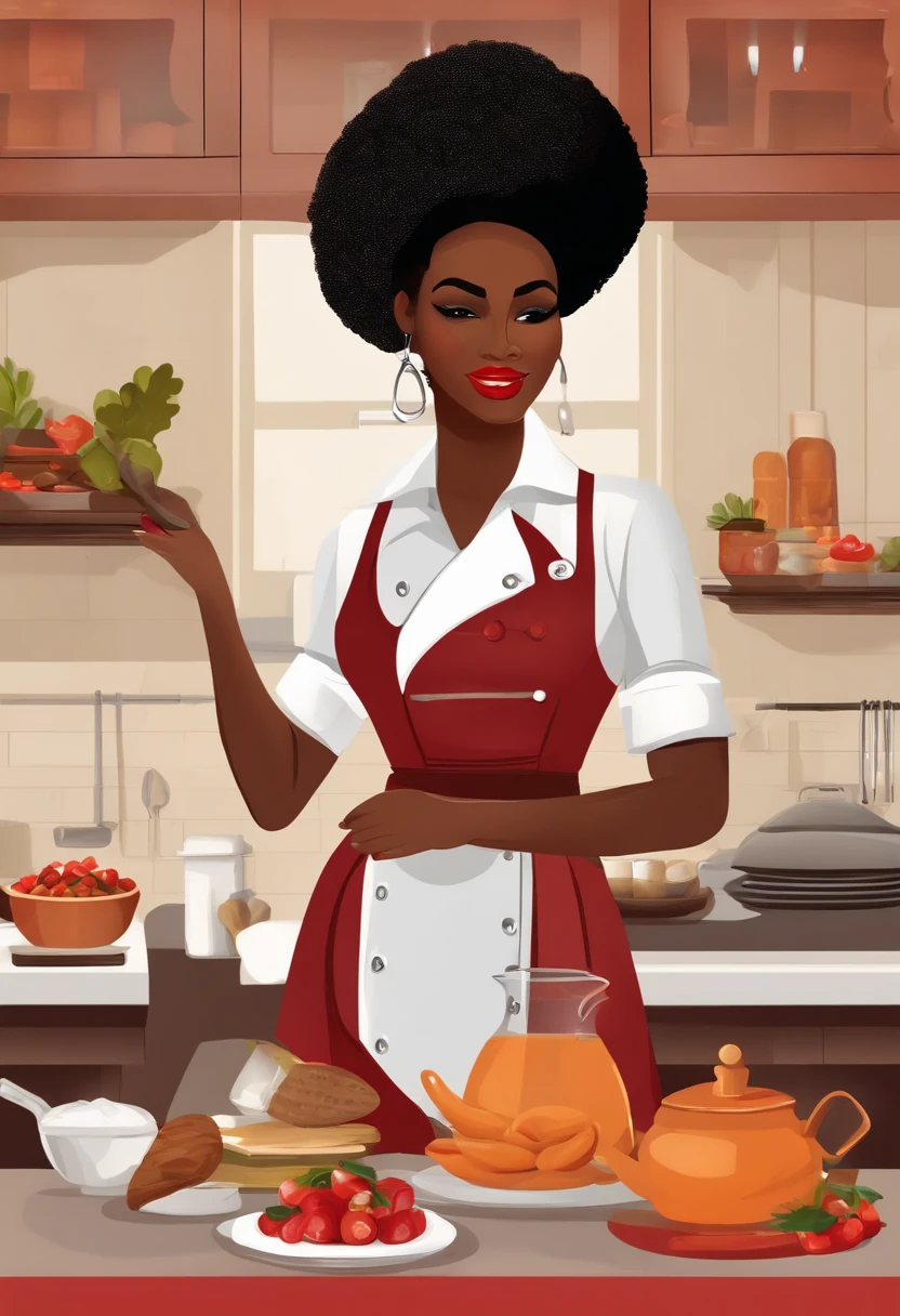 Mulher negra com cabelos pretos e cacheados na altura dos ombros, blusa branca de chef de cozinha, com avental de peito vermelho cereja, cercada de livros, facas e vegetais em uma cozinha